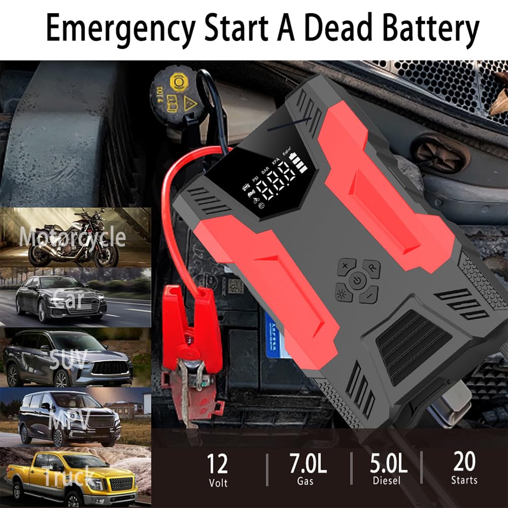 Samochodowy rozrusznik ze sprężarką powietrza przenośna ładowarka powerbank z wyświetlaczem LCD