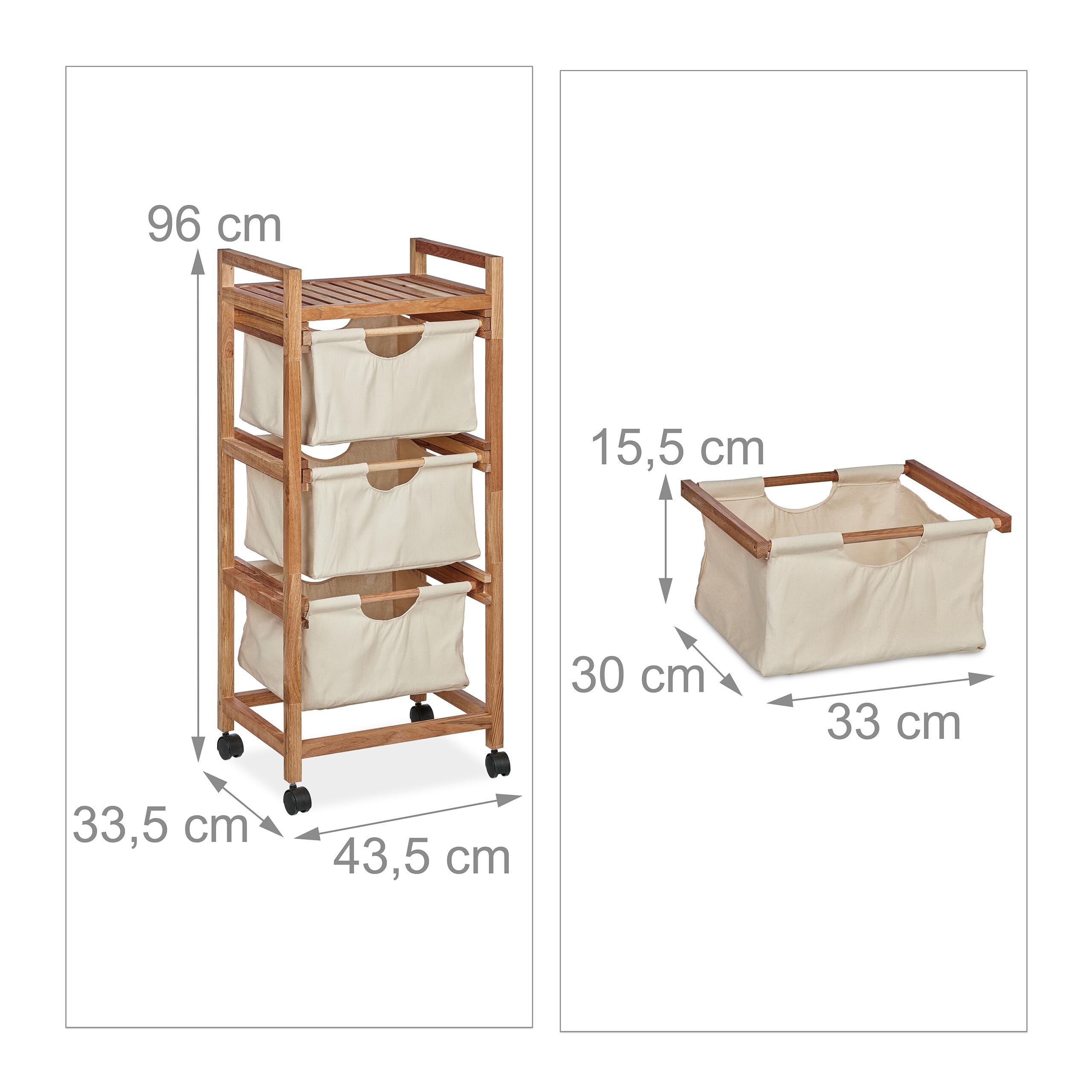 Relaxdays Mobiletto da Bagno con 3 Cestini, Scaffale Salvaspazio, Mobile in Legno, 96x43,5x33,5 cm, Naturale Beige
