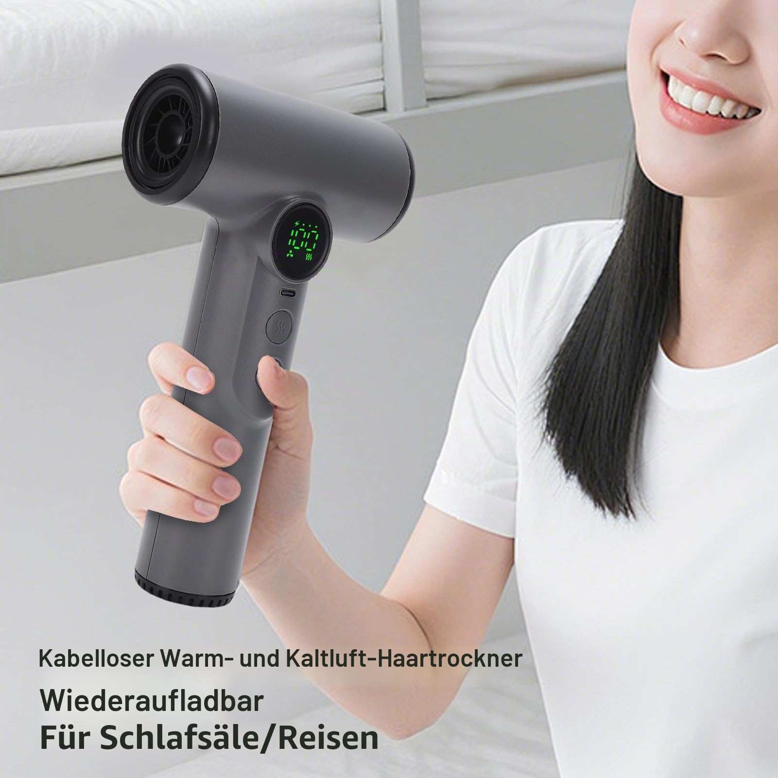 Schnurloser Haartrockner, 15600 MAh, USB -wiederaufladbare Haartrockner, Heißer und Kalter Wind, Starker Wind Zum Schnellen Trocknen, für Reisen, Camping und Wohnmobil