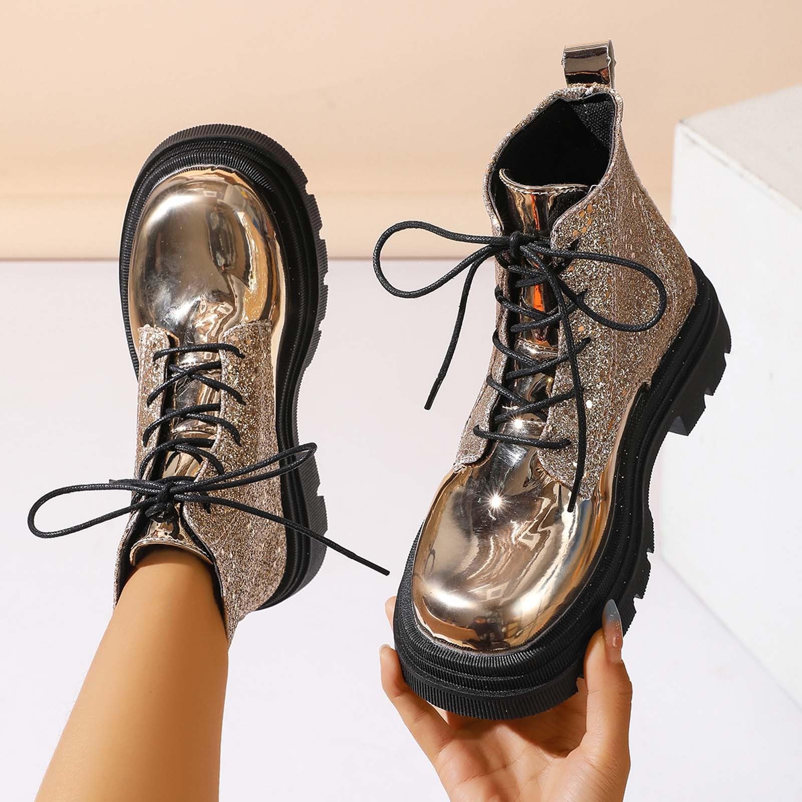 Elegantes Botines Con Punta Redonda Brillante Tacón Plataforma Cordones Estilo Occidental Para Mujer Botas de tobillo de moda para el día a día sólido