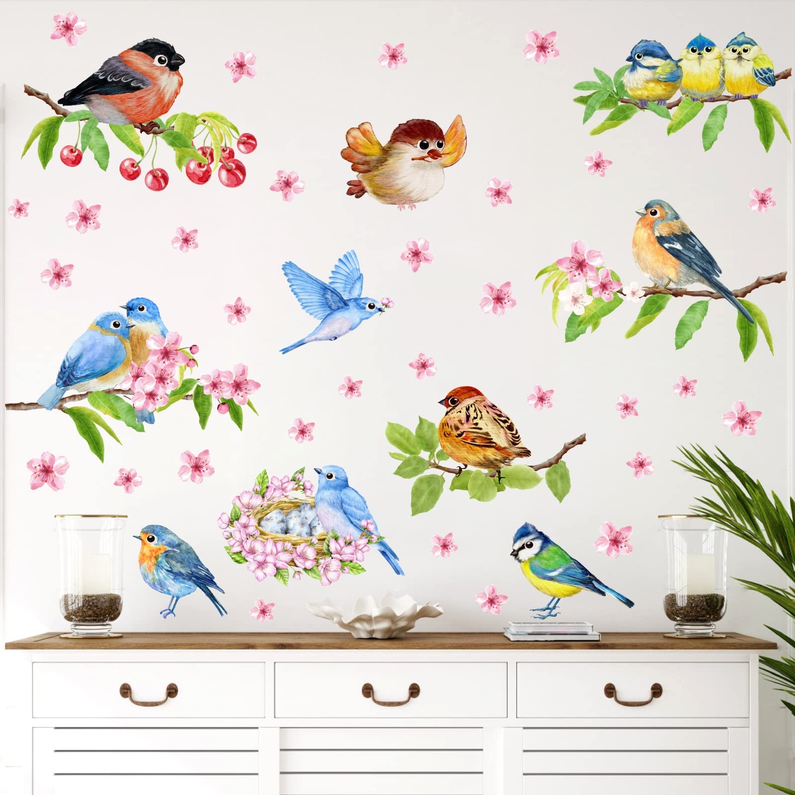 Spring Window Stickers Watercolor Birds Stickers Tree Branch Bird Window Stickers Baby Nursery Wall Decals Blossom Flower Decal for Living Room Kids Bedroom Home Decor - Image 4