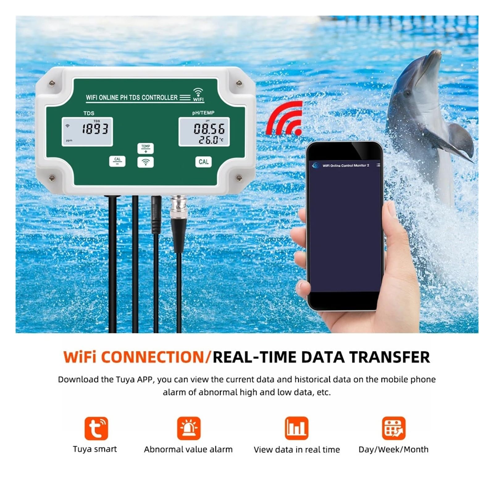 Testeur de qualité de l'eau Contrôleur de température et de potentiel d'oxydoréduction (ORP) WiFi, analyseur de qualité de l'eau, enregistreur de données, testeur de pH, moniteur en ligne à distance