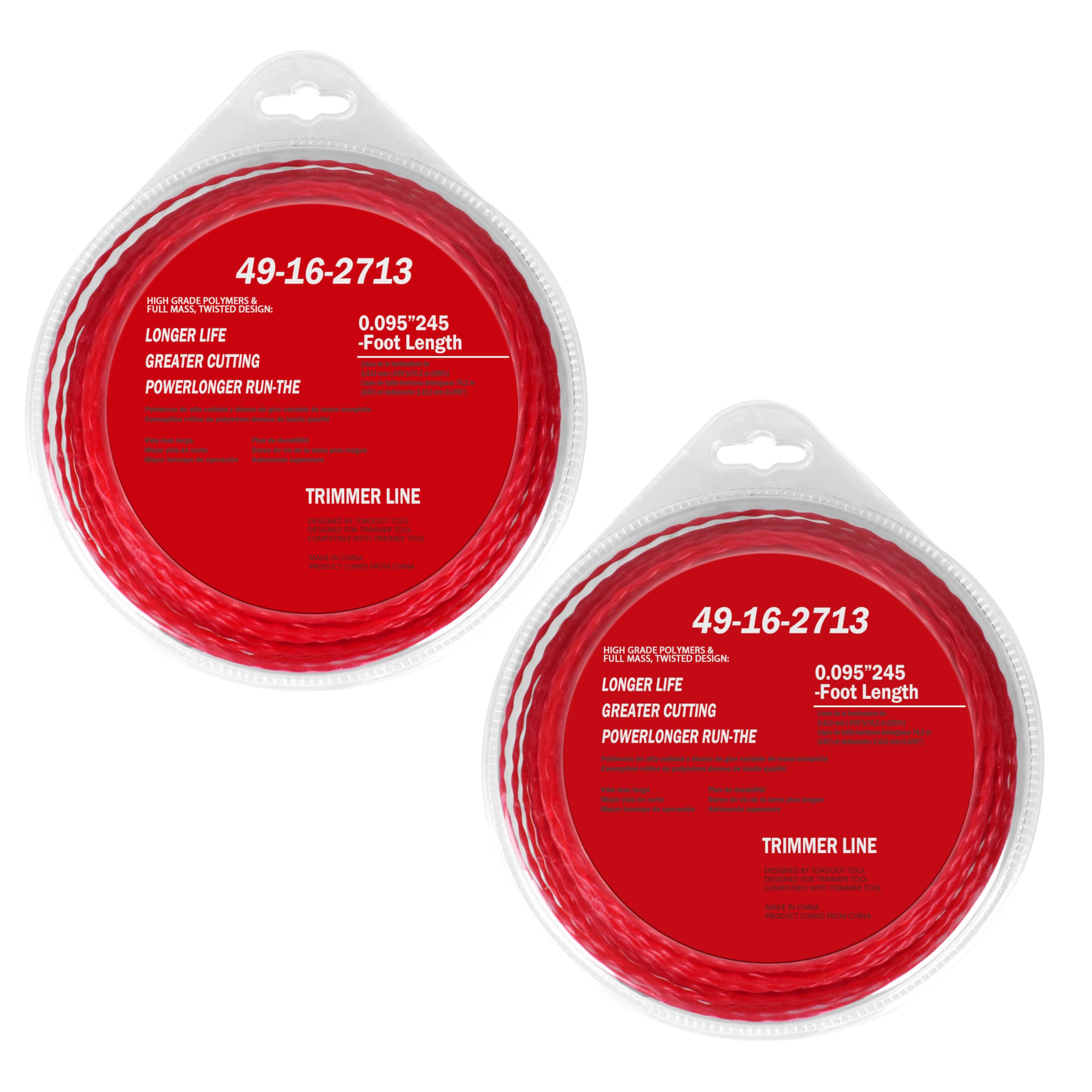 TOKDOOT 49-16-2713 Trimmer Line for Milwau-kee Trimmer 2725-20 Weed Eater String 0.095”-250ft (2pcs)