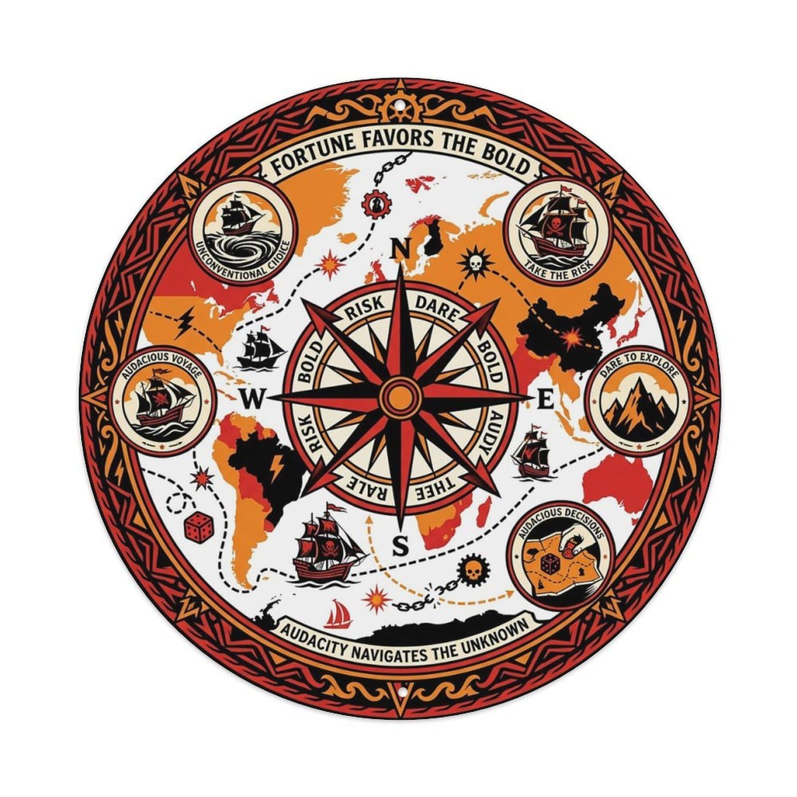 Vintage Nautical Compass World Map Audacious Path Metal Tin Sign