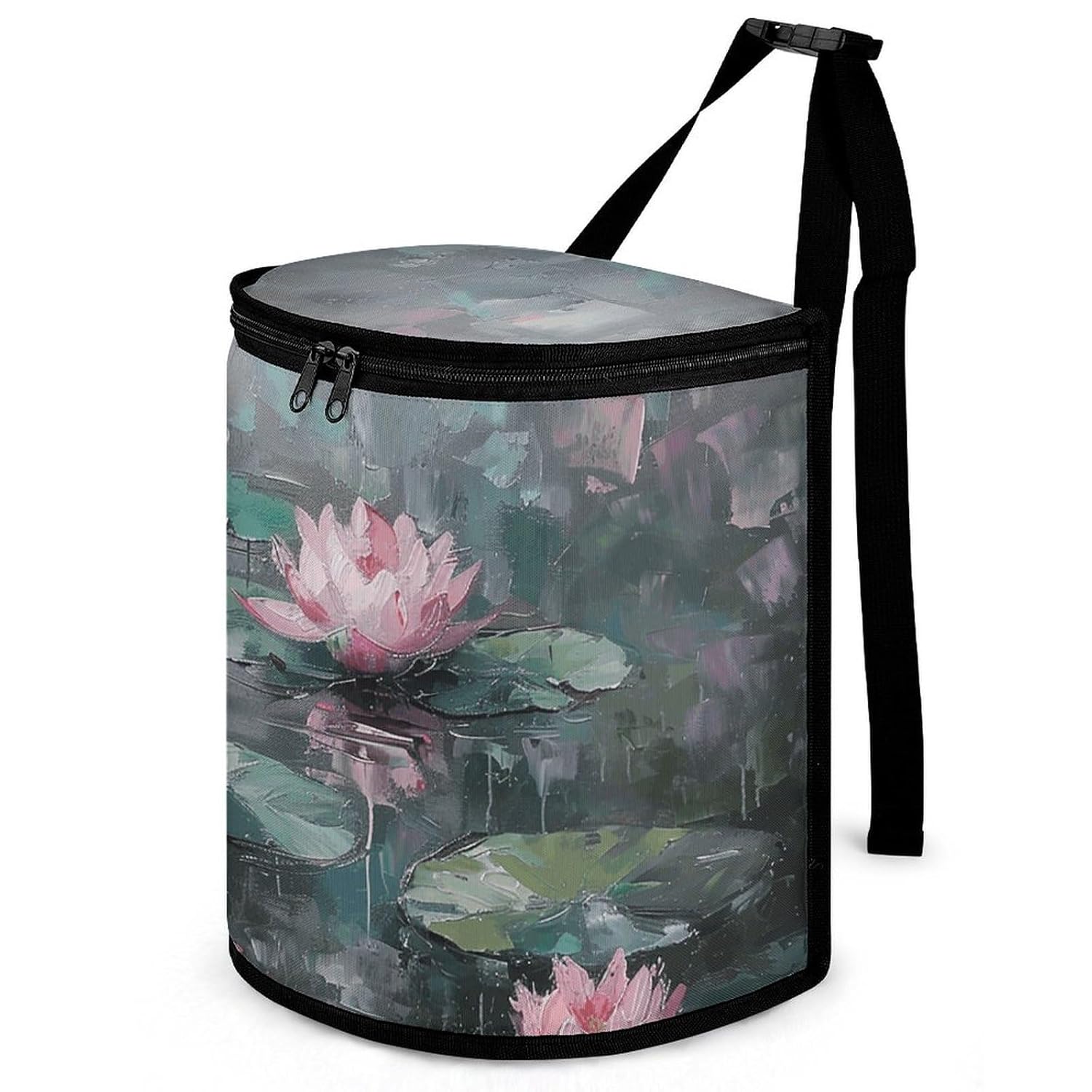 MUSM Leakproof Car Trash Can 2.5 Gallon, Durable Automotive Garbage Bag with Waterproof Liner, Peach Water Lily Painting Trash Bag for Car, Truck, RV & Bathroom