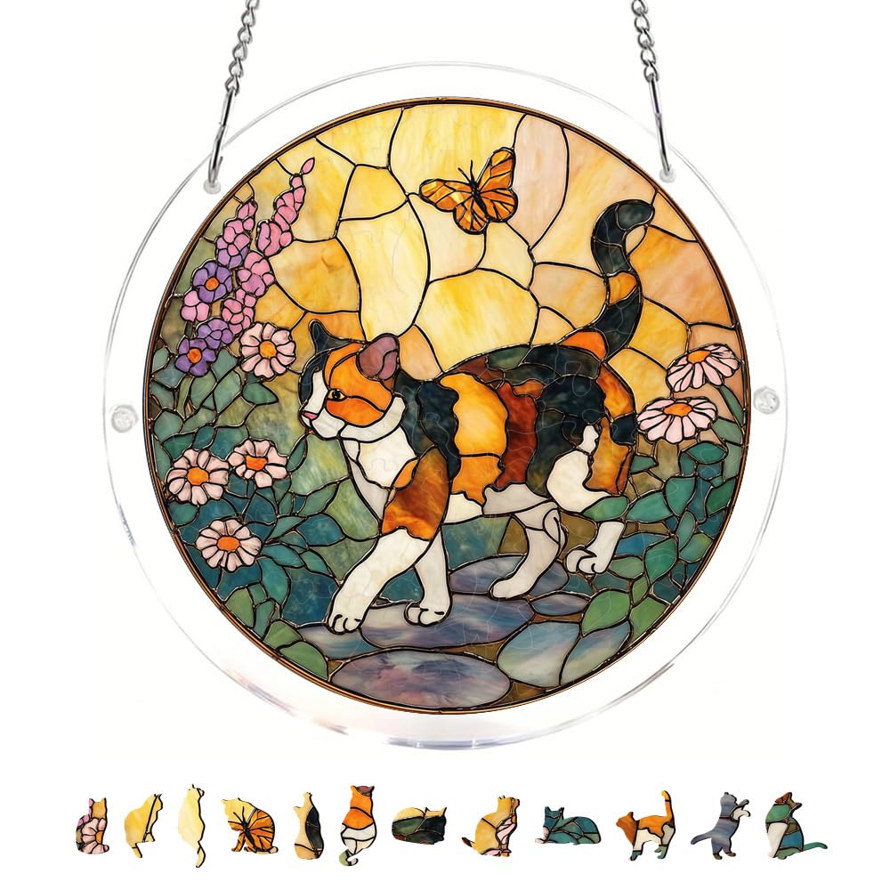83 Pieces Hanging Acrylic Suncatcher Puzzle,DIY Acrylic Jigsaw Puzzle for Adults, 2mm Transparency Acrylic, Acrylic Suncatcher Puzzles for Doors Garden Window (Walks Cat, 8.2 Inches)
