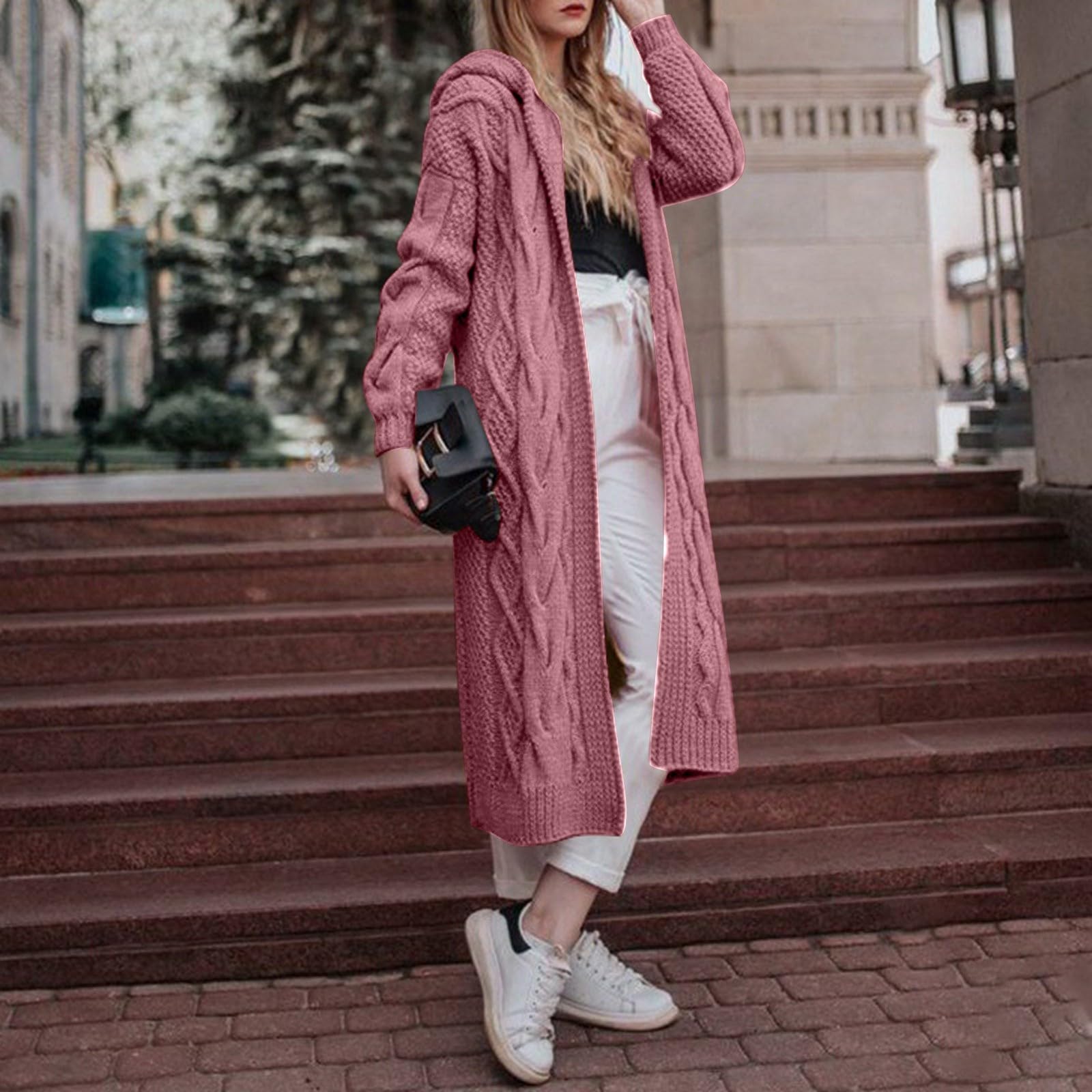 Genérico Suéter largo chaqueta holgada capucha mujer otoño invierno cálido punto ropa exterior