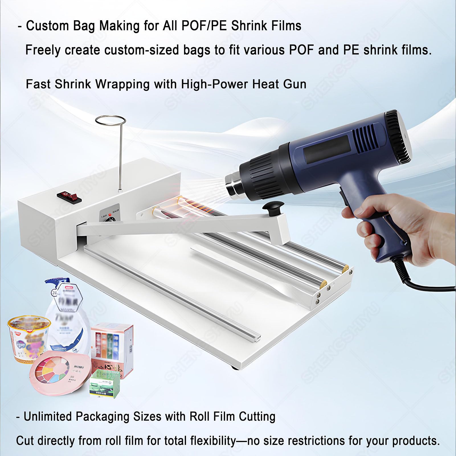 Machine d'emballage rétractable avec pistolet thermique, température réglable, taille personnalisée, compatible avec les films rétractables POF/PE, longueur d'étanchéité 60 cm, idéal pour l'emballage
