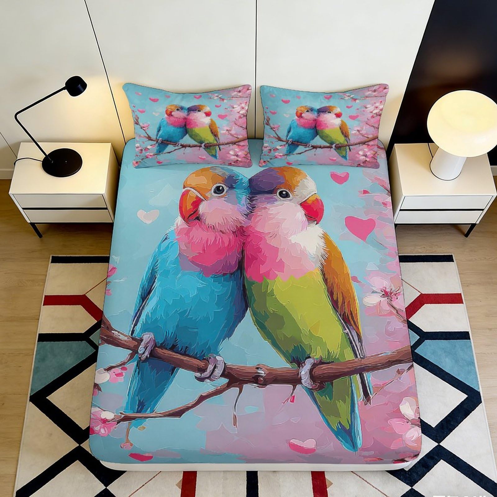 3D Printed Colorful Love Birds Fitted Sheet Microfiber Soft Breathable Romantic Parrot Bed Cover for Bedroom Dormitory Guest Room Mattress Protection 180x200x25cm