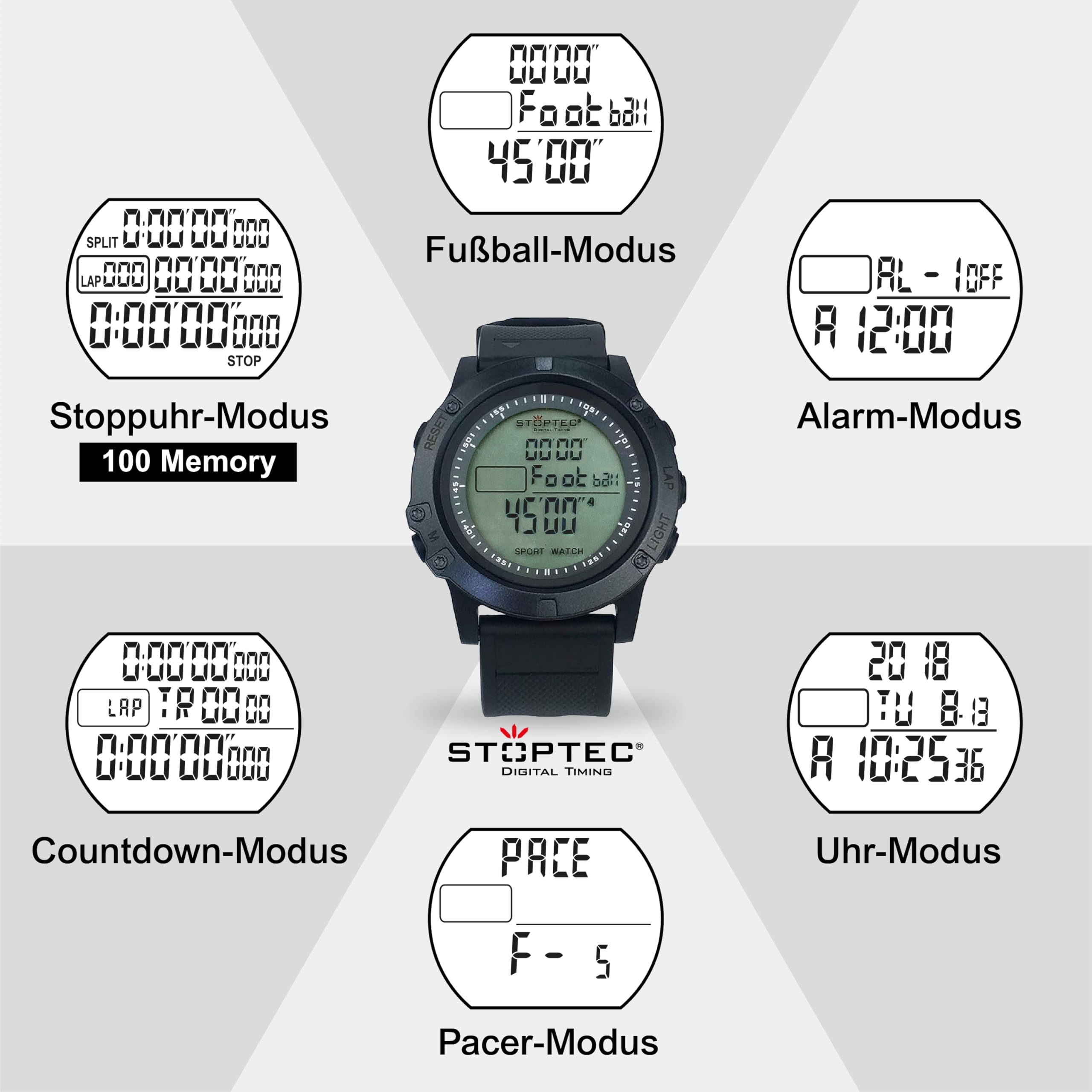 Stoptec Orologio da arbitro RW-110 | Modalità calcio speciale | Cronometro | Pacer | Allarme | Illuminazione | Ora e Data