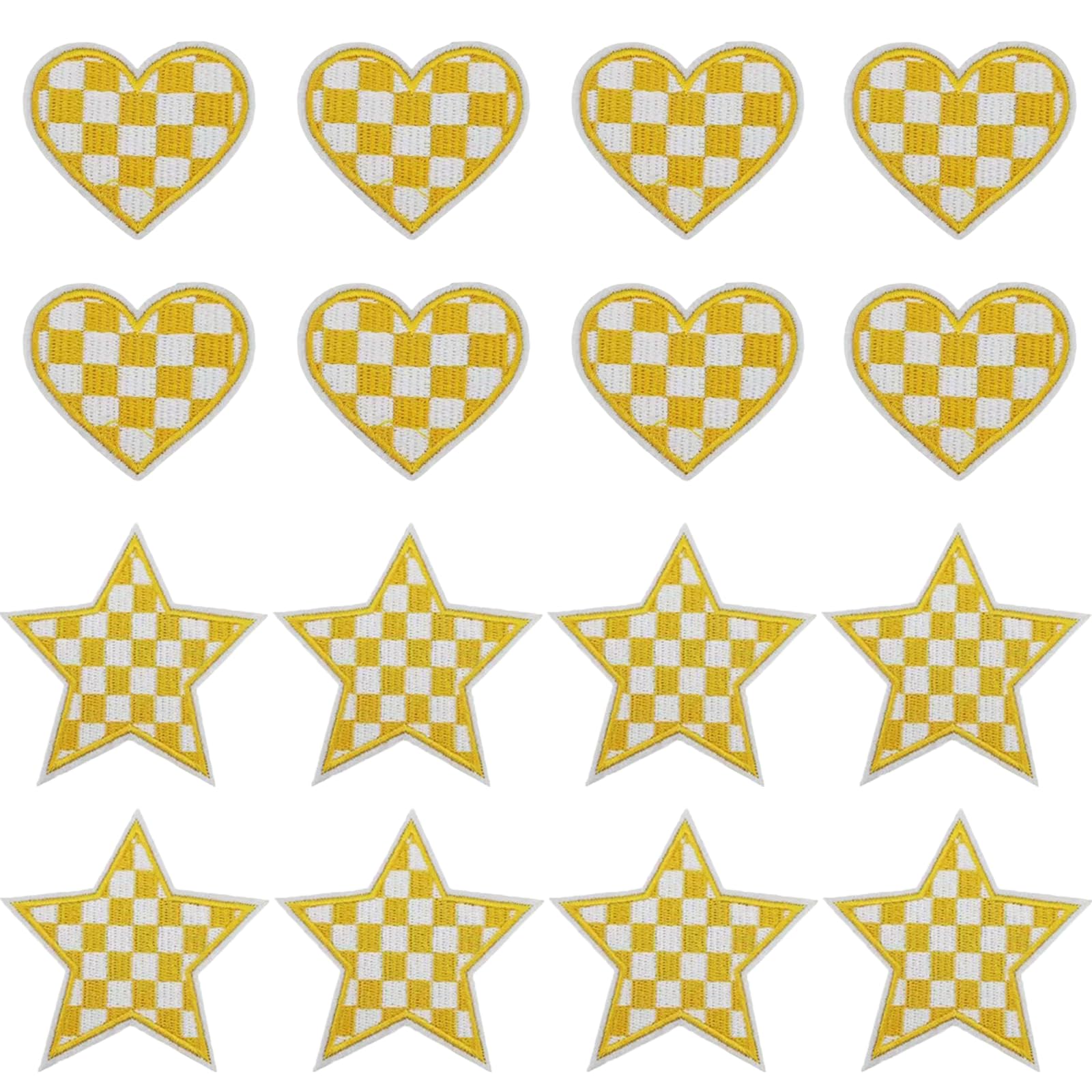 Photo 1 of 16Pcs Yellow Checkered Heart&Star Western Iron on Embroidered Set, Contains 8 Heart Patches and 8 Star Patches, Yellow Embroidered Sew on Patch Applique Embellishments for Jeans, Hat, Dress