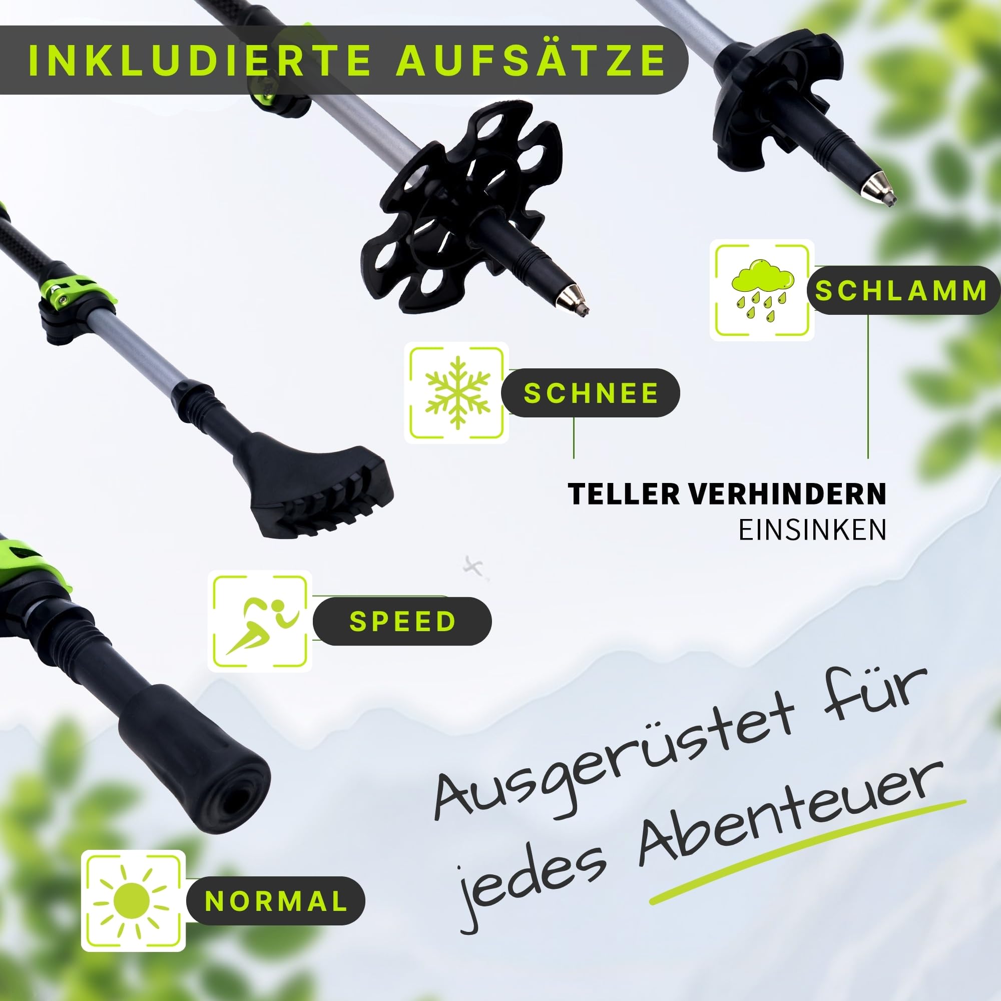 Teleskopowe kijki trekkingowe z włókna węglowego – model zielony – ultralekkie kijki trekkingowe dla kobiet, mężczyzn i dzieci | regulowane 65-135 cm | kijki Nordic Walking z korkowym uchwytem