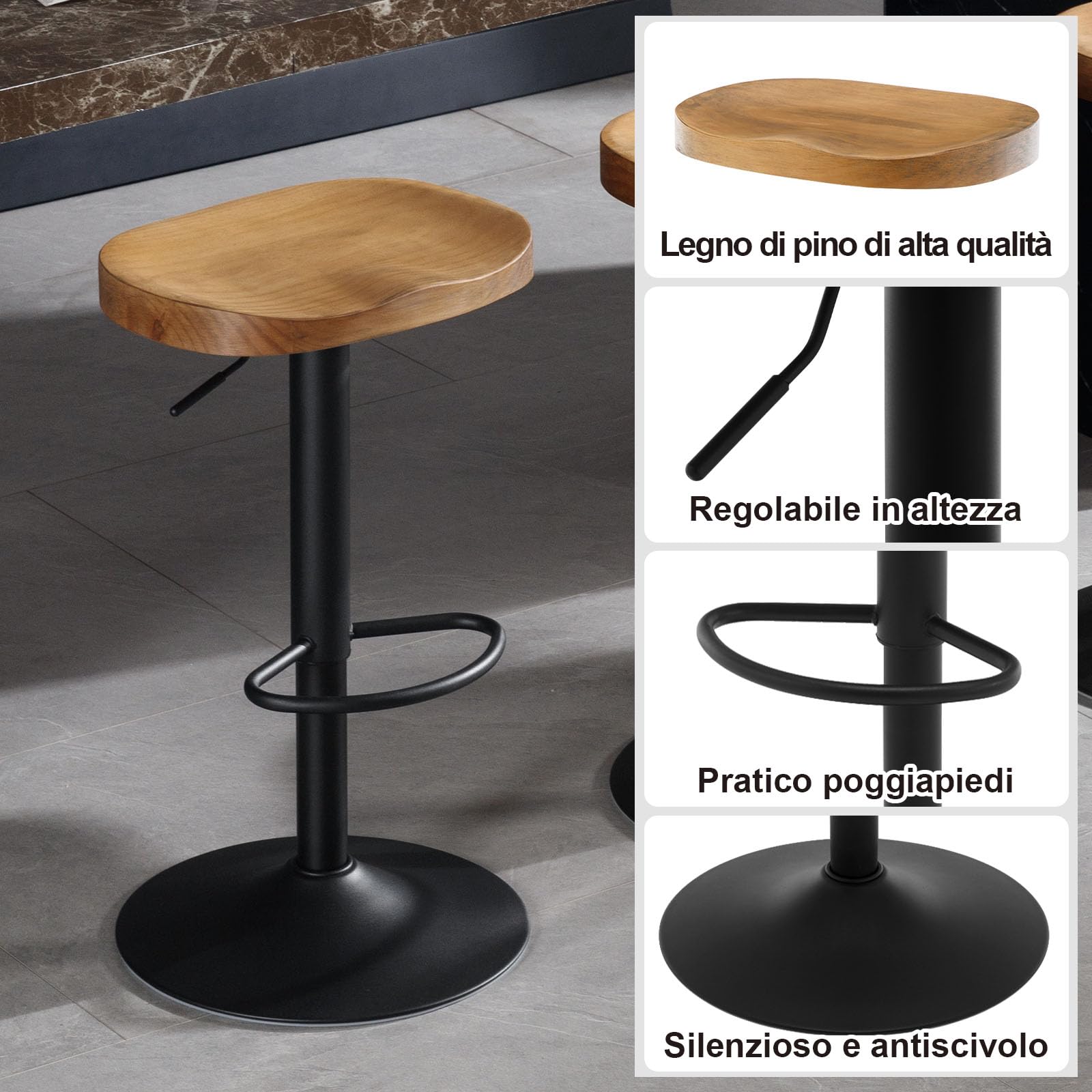 WOLTU Sgabelli Cucina Set 2, Regolabile, Legno Massiccio, Legno Scuro | Sgabello Bar a Sella, Altezza Regolabile 60-81cm, Girevoli a 360°, con Poggiapiedi, per Colazione, penisola cucina