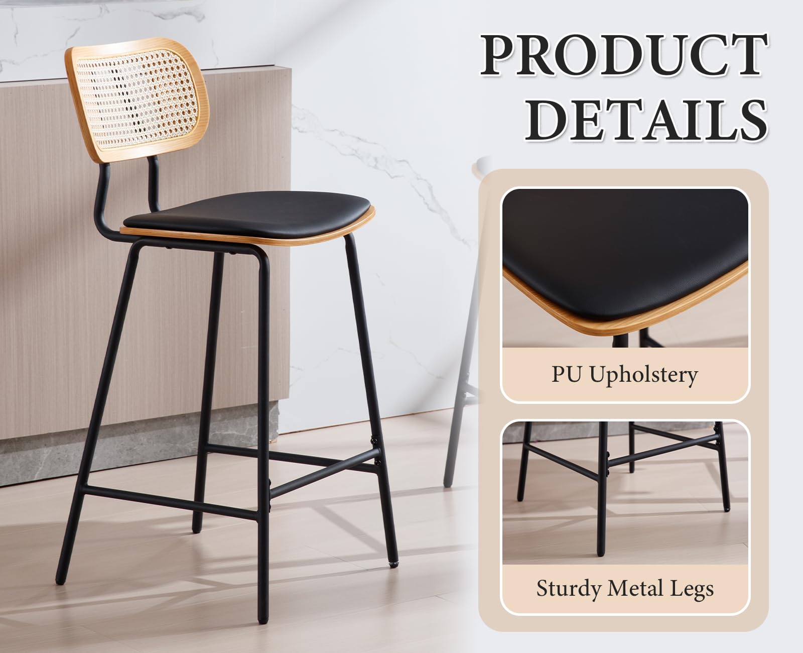 Ya-Home Set di 2 Sgabelli da Bar Sgabelli Cucina Retrò in Rattan Sgabelli Alti con Cuscino in Ecopelle Sedia da Bar con Gambe in Metallo per Cucina Bancone,Nero