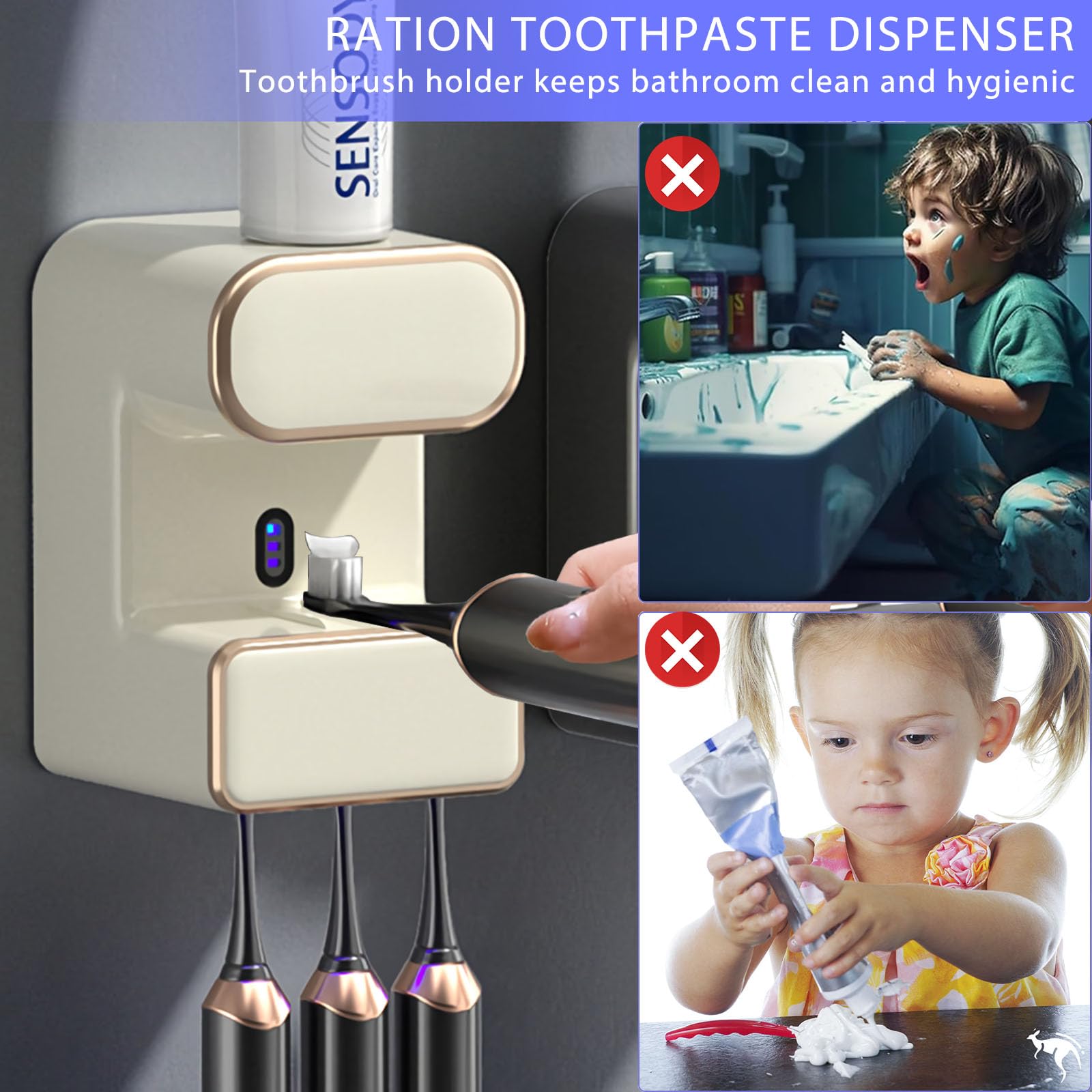 Dispensador automático de pasta de dientes, dispensador inteligente de pasta de dientes montado en la pared con 3 ranuras para pasta de dientes, soporte para cepillo de dientes eléctrico, exprimidor