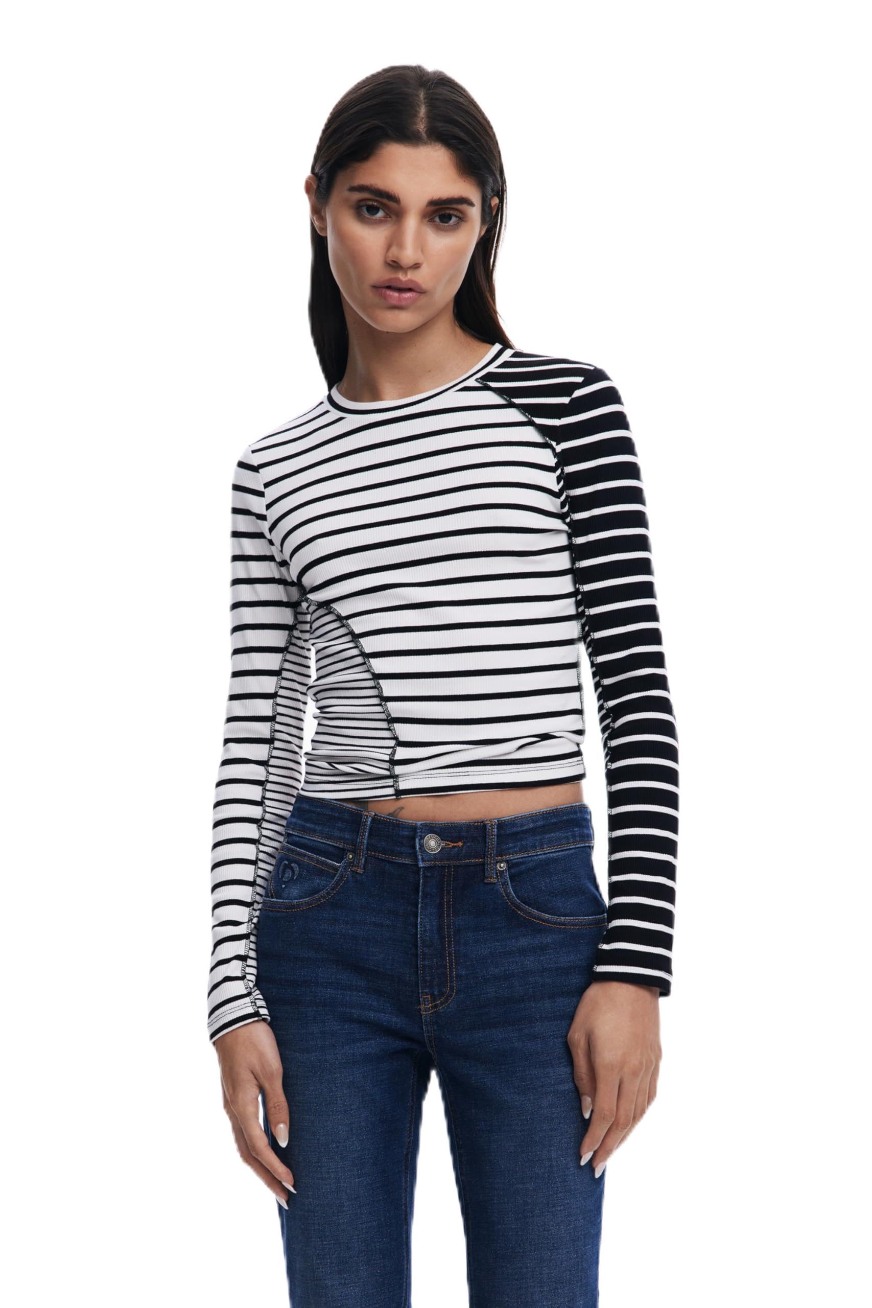 Desigual Women's White Asymmetric Striped T-Shirt, Cotton, L