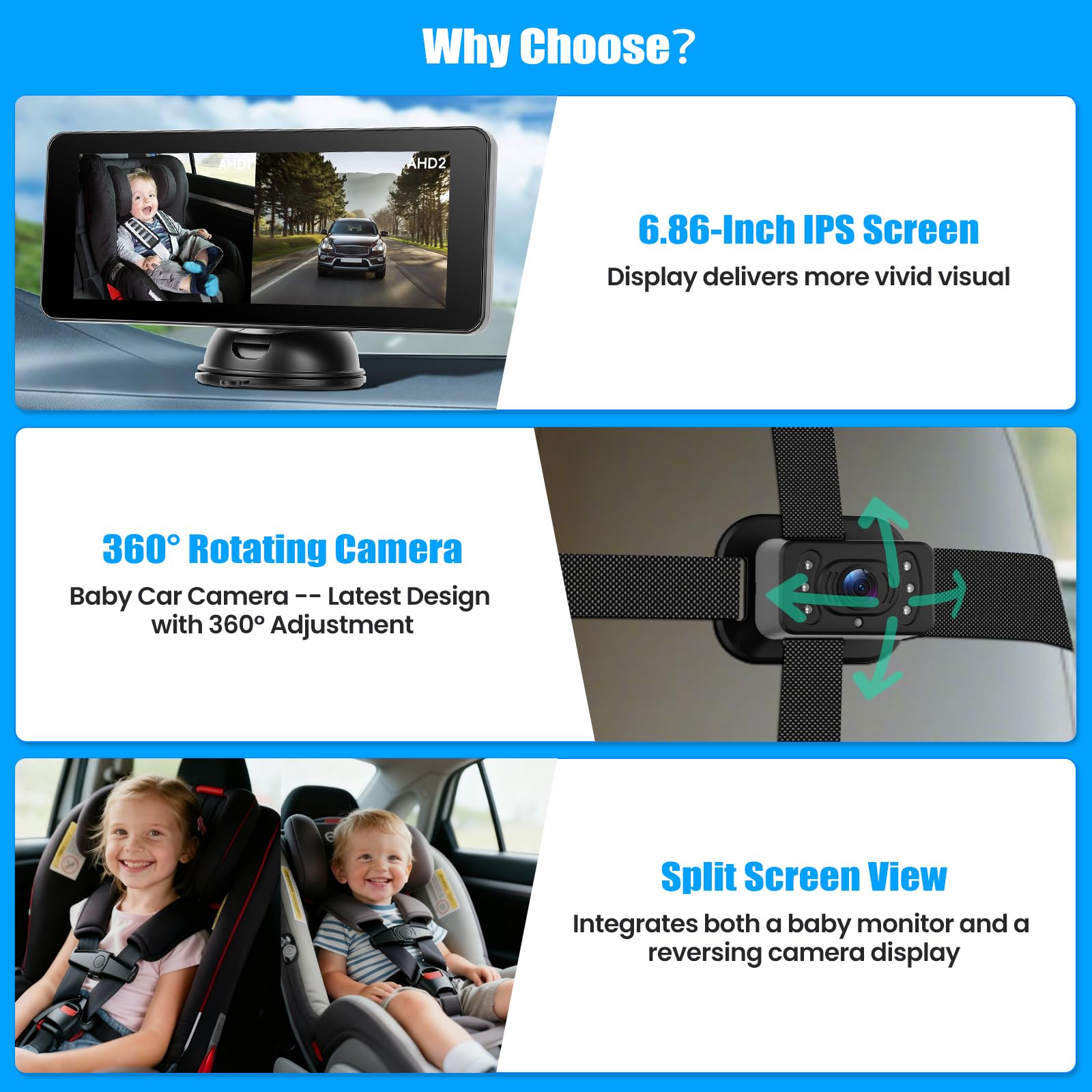 Cámara para bebés y Cámara de Marcha atrás 2 en 1, Monitor IPS con Pantalla de 6,86 Pulgadas, Dos cámaras HD 1080P con visión Nocturna, Gran Angular, para reposacabezas y matrícula del Coche