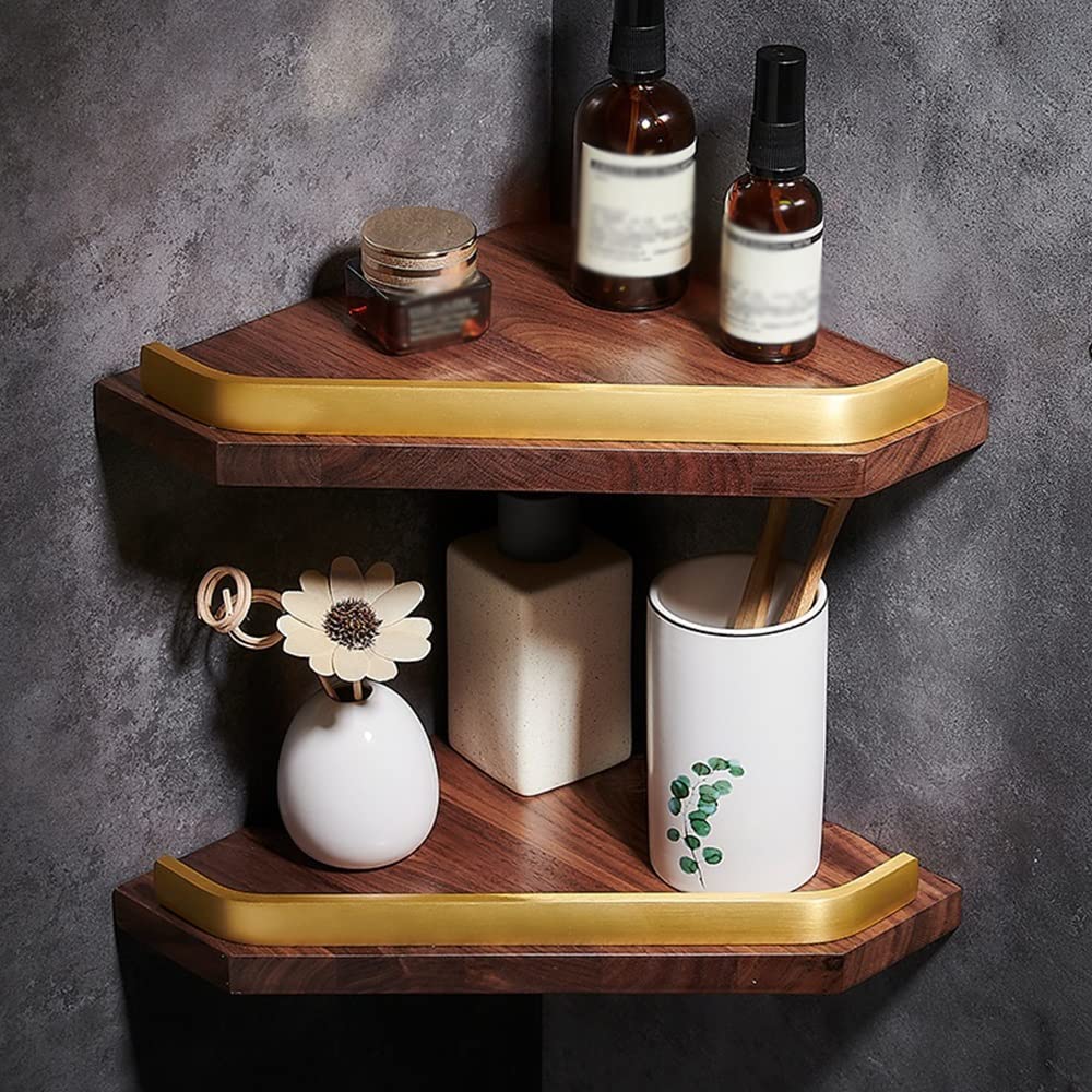 BAHELS Corner Shower Caddy Walnut Bathroom Corner Rack Wall-mounted Wash Counter Storage Rack Makeup Storage Rack Shower Caddy