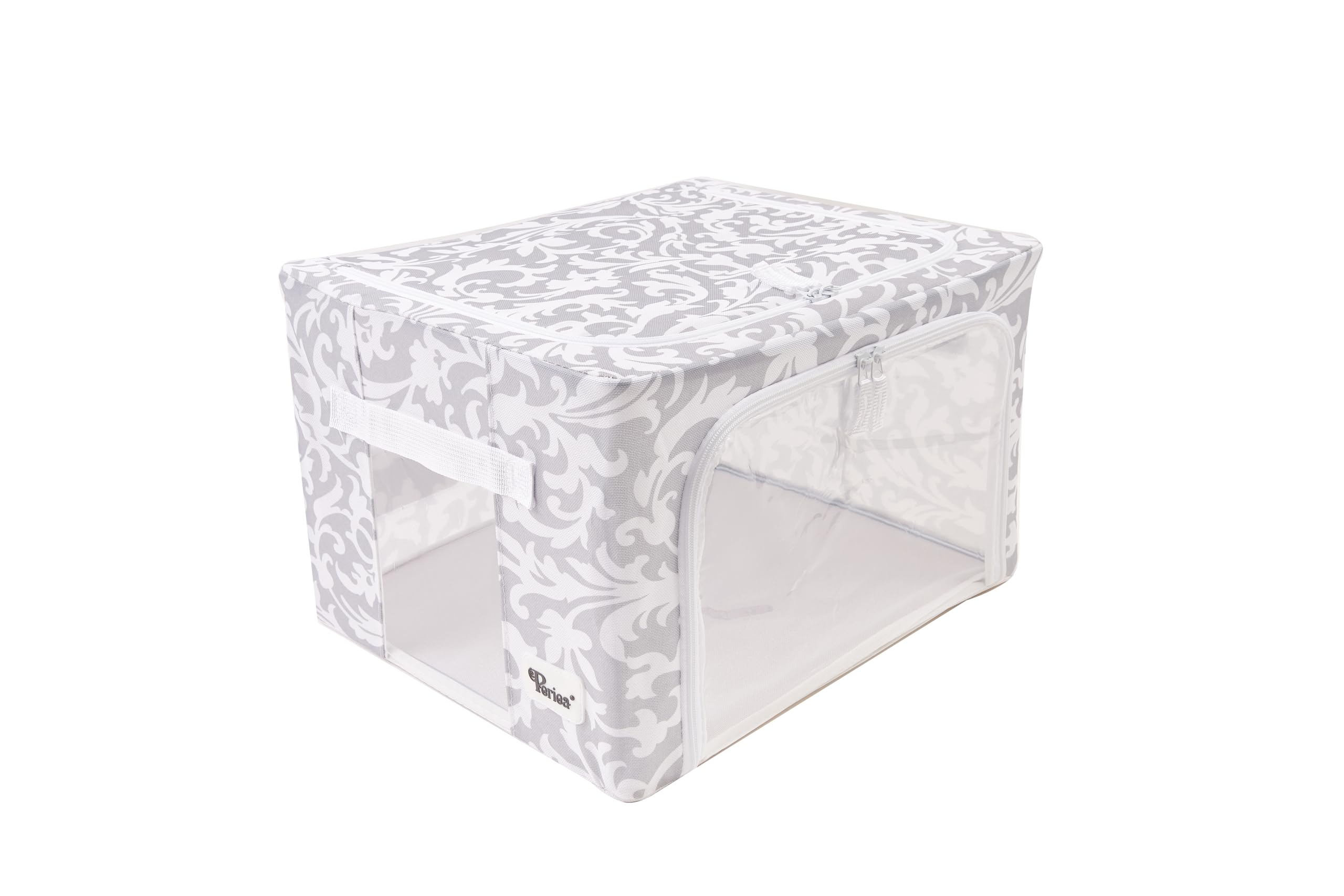 Periea ‘Beau’ Folding Collapsible Stackable Fabric Home Storage Boxes with Steel Frames (Grey Damask, Small)