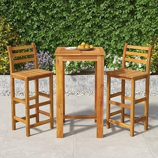 Solid Acacia Wood Garden Bar Set Natural Wood Finish Medium Size 2-Person Seating Outdoor Patio Furniture for Balcony Backyard Relaxing Entertaining