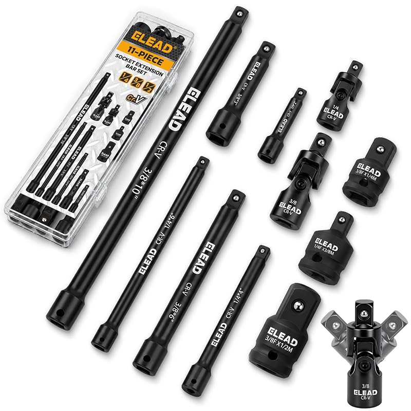 Kit de Extensões para Soquetes ELEAD E70218 com Juntas Universais Articuladas, Adaptadores e Acionamentos de 6,35 mm, 9,5 mm e 12,7 mm, 11 peças