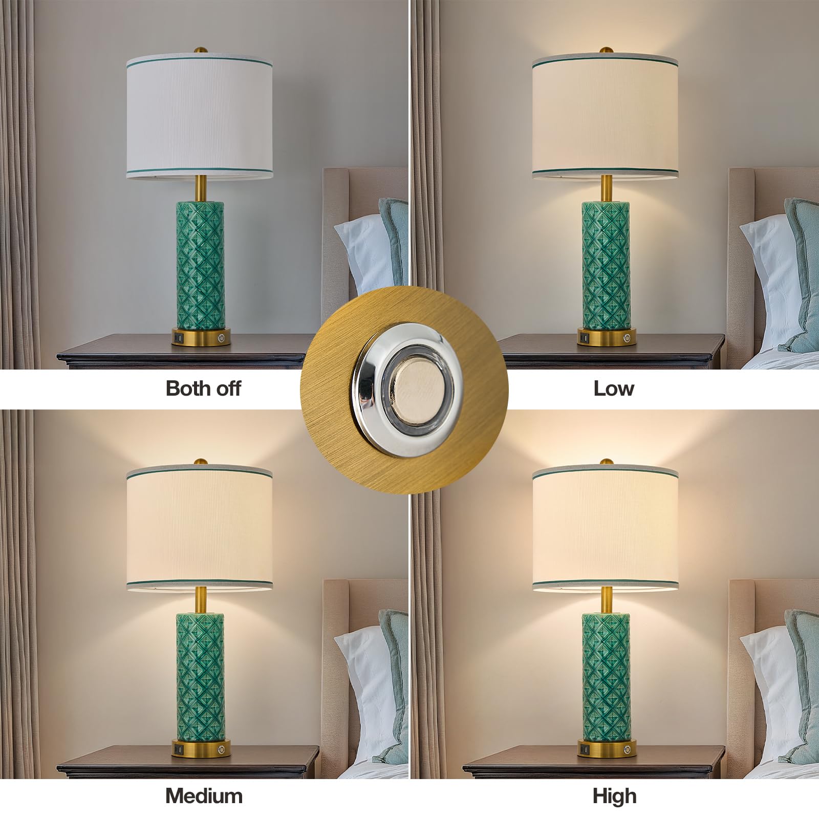 Set di 2 lampade da tavolo per soggiorno, camera da letto, fattoria, 66 cm, controllo touch, lampade in ceramica turchese, 3 vie, dimmerabili, con porte USB A+C, paralume in lino per la casa