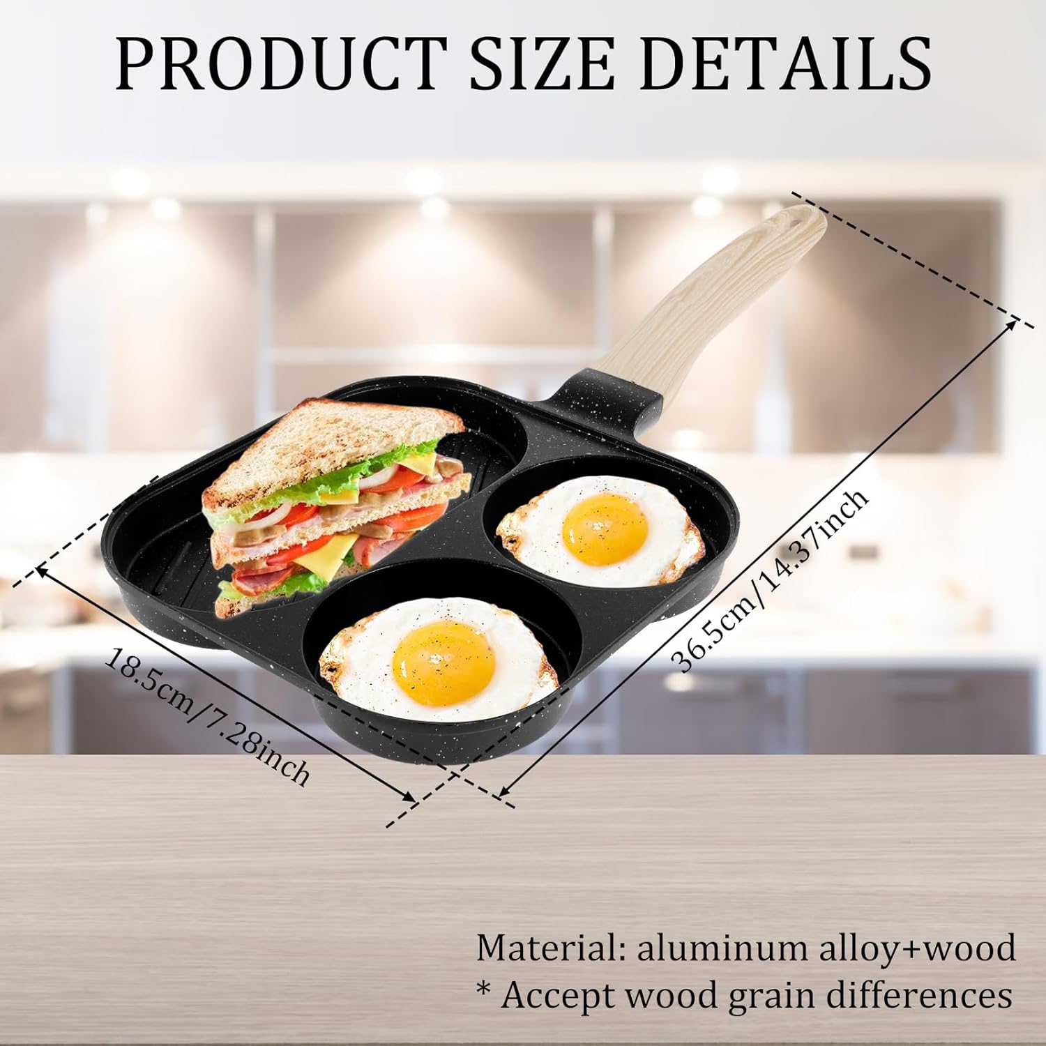 3 Section Breakfast Frying Pan, 3 in 1 Egg Skillet with Wooden Handle, Non Stick Aluminum Alloy Omelette Pan, Egg Cooker Pan for Induction Cooker Gas Cooker Electric Pottery Oven(Black)