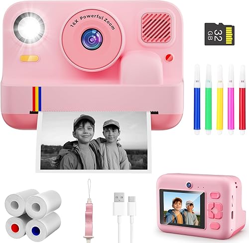 Cámara de impresión instantánea para niños, impresión de aplicaciones, video 1080P, cámara digital selfie de doble lente con 32G SD, regalos de