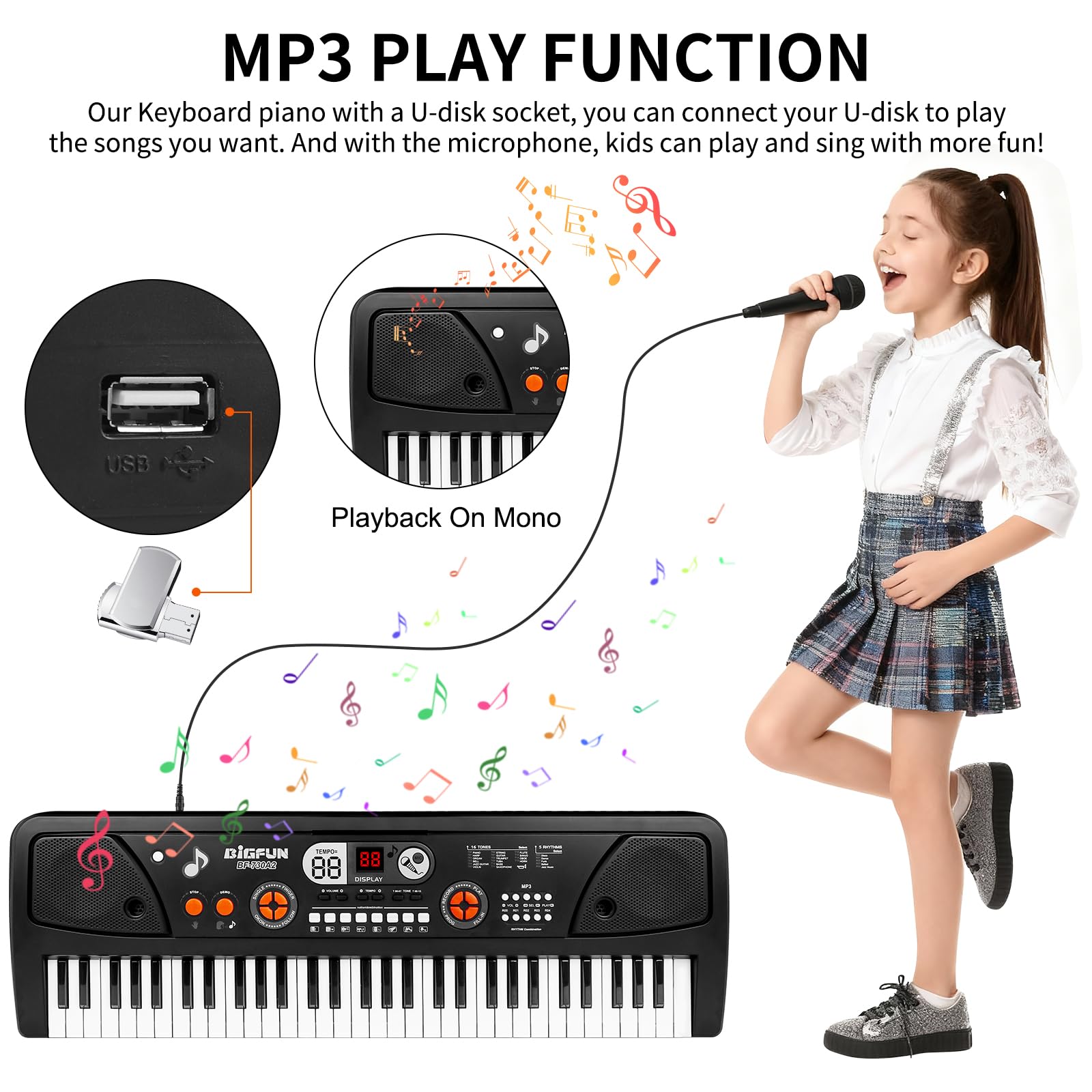 Kids Keyboard Piano, 61 Keys Electric Piano Keyboard for Kids with Microphone MP3 Function Led Display Educational Musical Toys Birthday Xmas Gifts for Toddlers Boys Girls Ages 3 5 7 9 12
