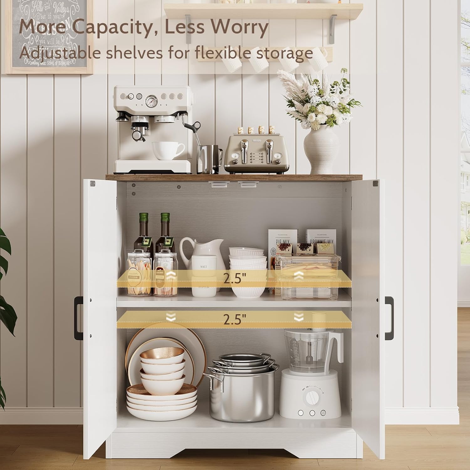 Image showing the interior of the Vividwood Sideboard Cabinet with adjustable shelves and various kitchen items stored inside.