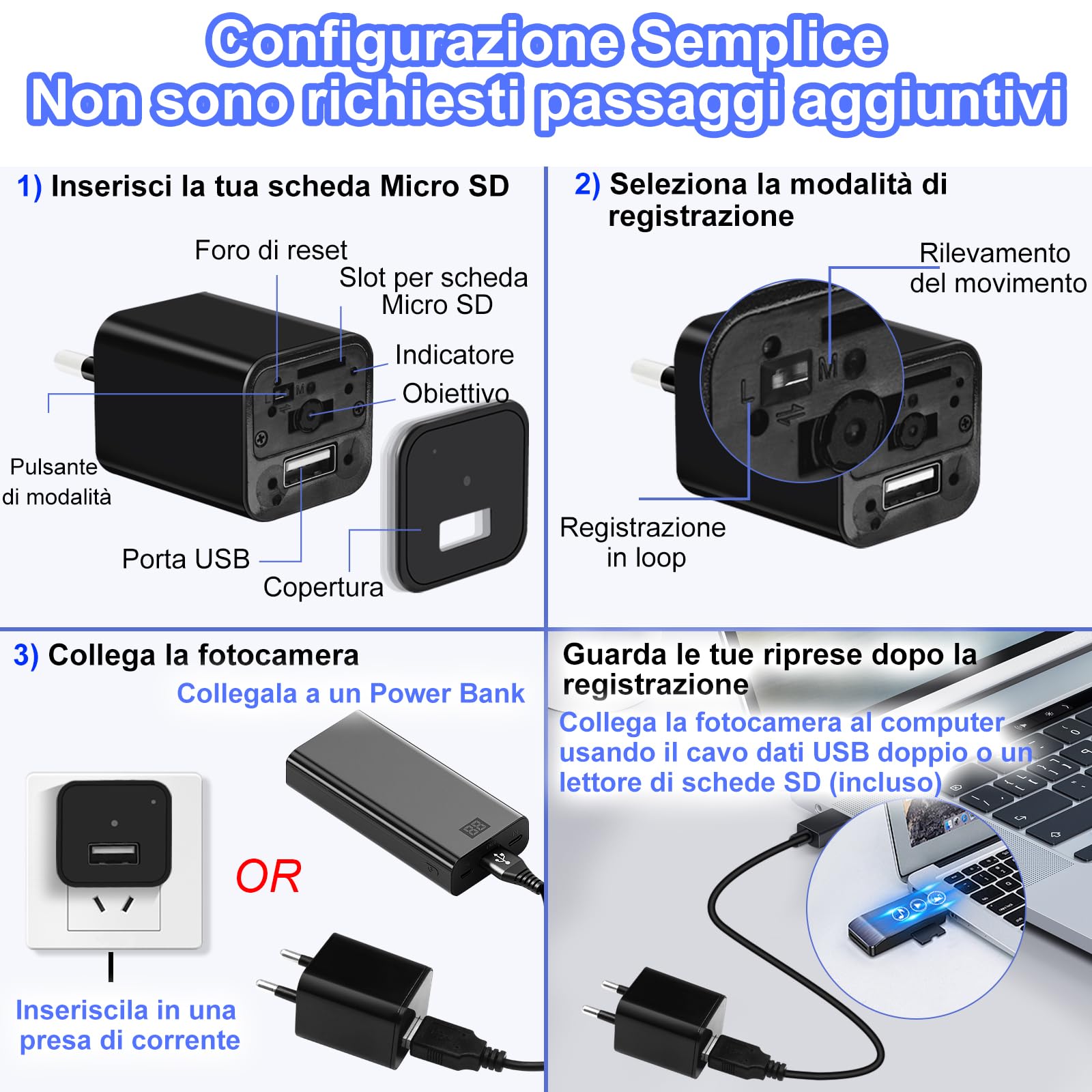 TANGMI Telecamera Spia, Caricatore/Adattatore USB Mini Telecamera Spia Nascosta, Registrazione Video HD 1080P Micro Telecamera Spia con Rilevamento del Movimento e Registrazione in Loop