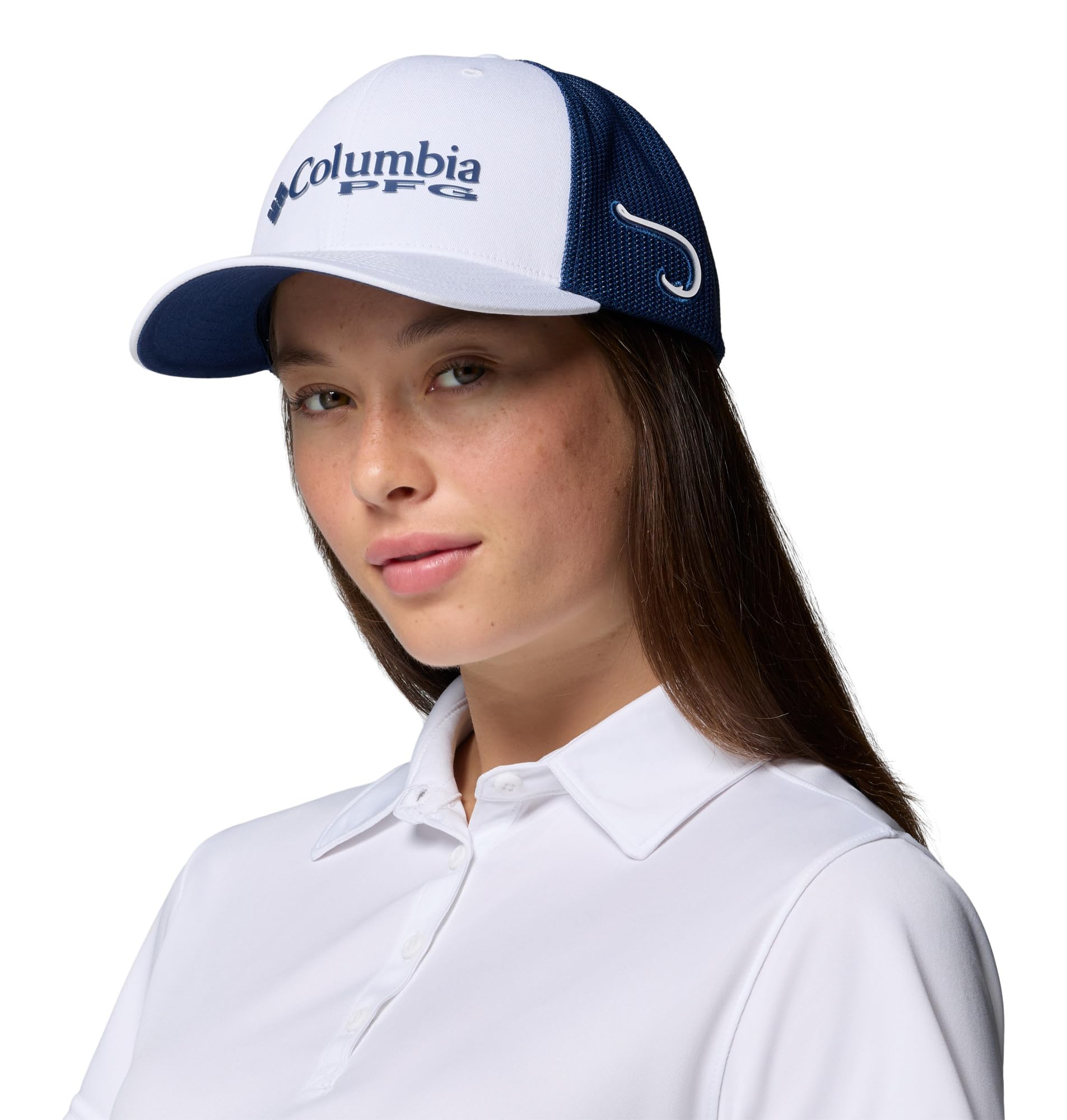 Columbia PFG - Berretto Unisex con Logo in Rete, Bianco/Carbonio/PFG Stacked Logo, L/XL