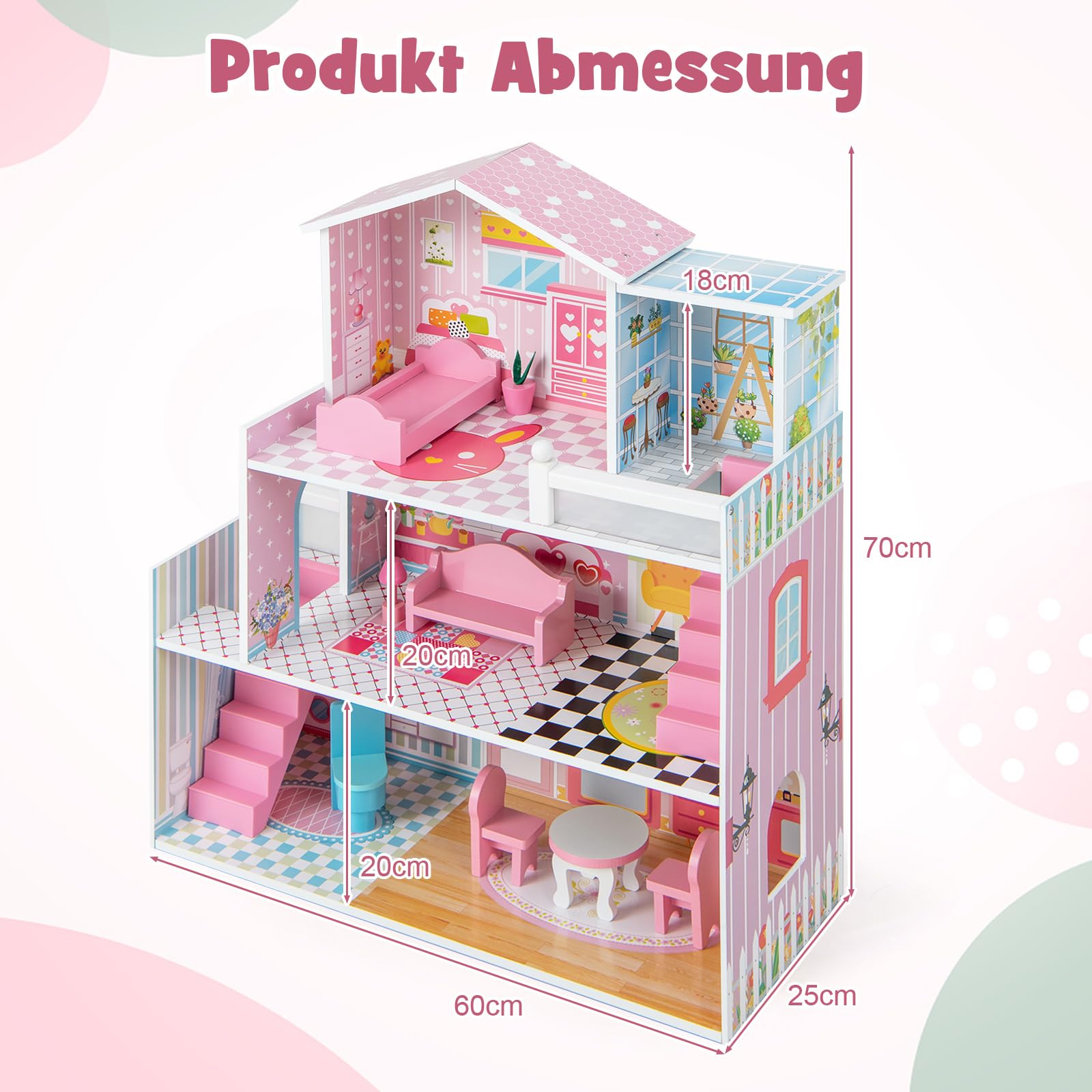 COSTWAY Puppenhaus aus Holz, Puppenstube mit 3 Etagen & 10 Möbel & 5 Zimmern, Traumhaus für Mädchen, Puppenvilla Dollhouse Spielzeug für Kinder ab 3 Jahren