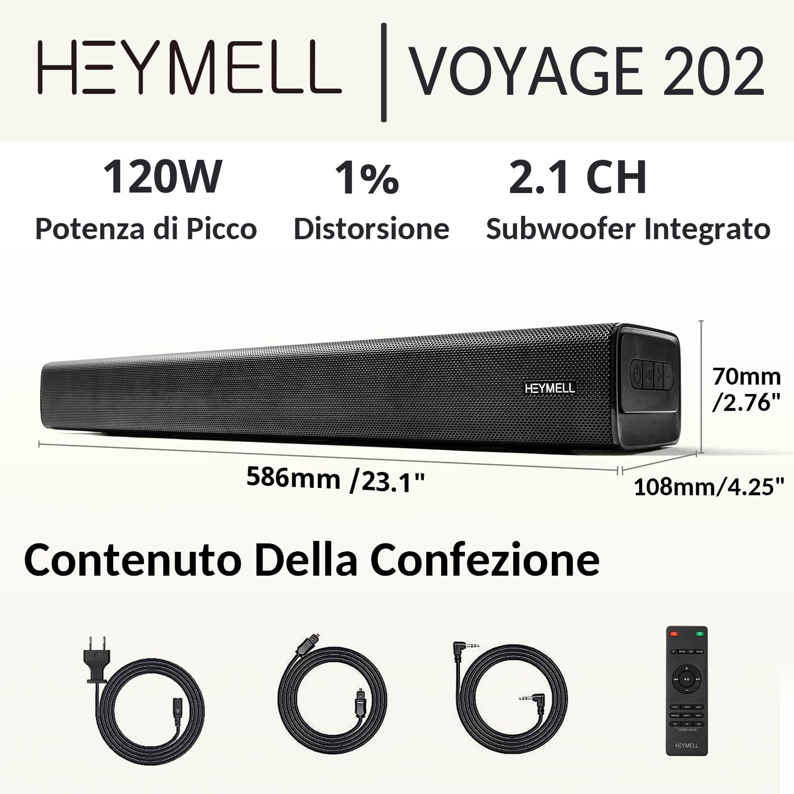 2.1ch Piccolo Soundbar TV Bluetooth/PC/Proiettore Subwoofer Integrato, 120W Sound Bar Casse per TV, Miglioratore Dialogo, HDMI ARC Ottico Aux.
