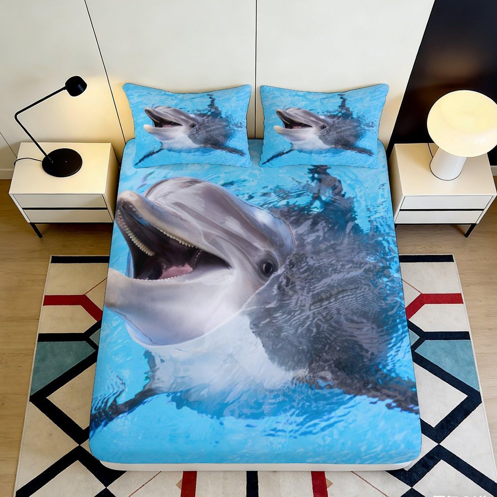 3D Printed Dolphin Ocean Fitted Sheet Microfiber Soft Blue Water Mattress Cover for Bedroom Guest Room Decor 140x200x25cm