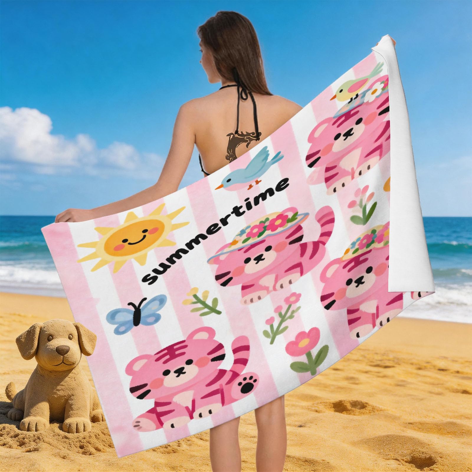 Leichong 3D Cartoon Tiger Beach Towel Microfiber Soft Quick Dry for Adults, Cartoon Animal Bath Towel Lightweight Soft Absorbent for Travel Swimming Pool Sports, 75 x 150 cm