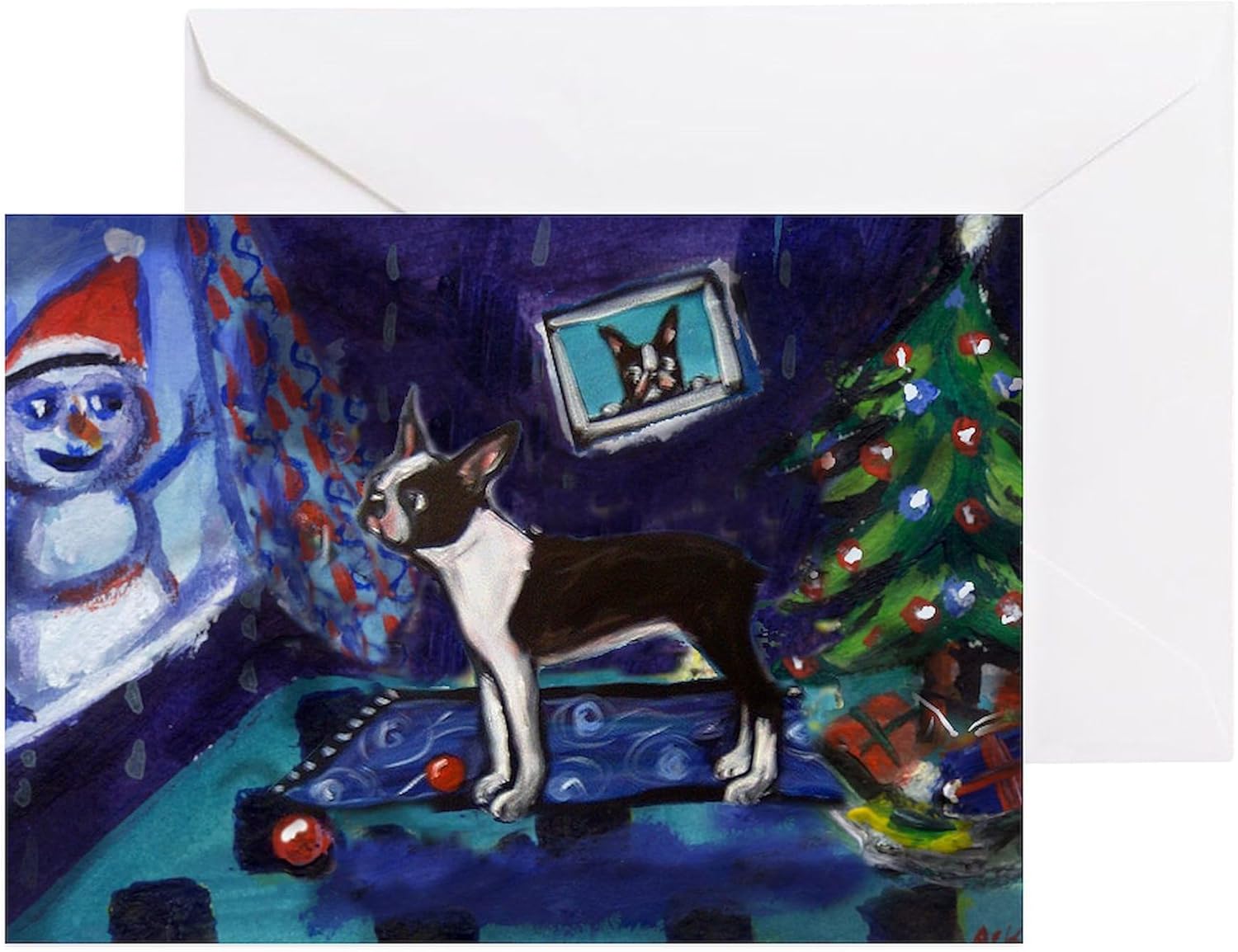 CafePress Boston Terrier Xmas Snowman Greeting Cards (Packag Folded Greeting Cards (10-pack) Matte