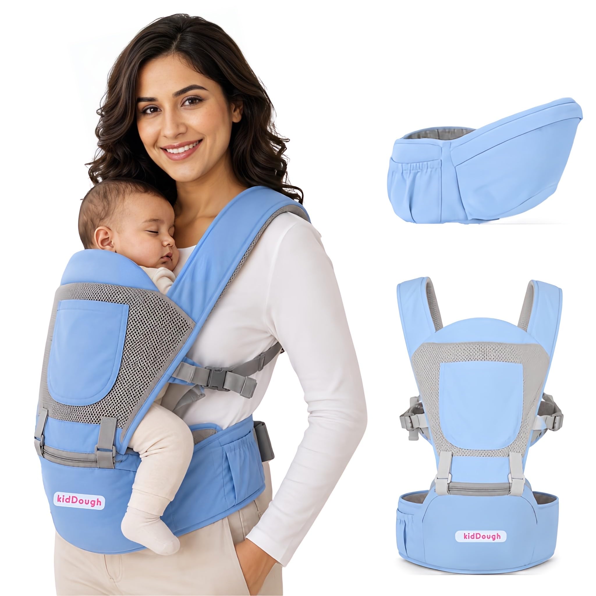 Kiddough Hip Seat Baby Carrier for 0 to 3 yrs with Adjustable Shoulder Straps | Breathable Mesh Fabric | Sling Baby Carrier with Storage Pockets | Adjustable New-Born to Toddler Carrier (Sky Blue)-image-32