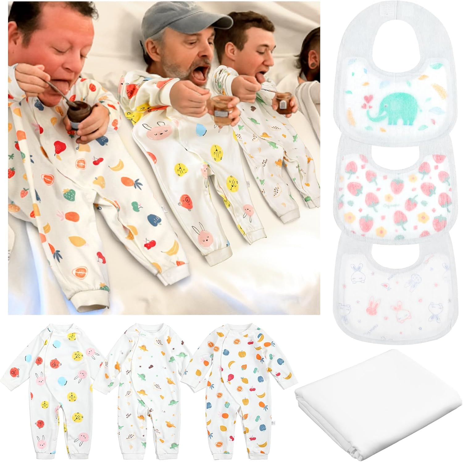 7 Pcs Baby Shower Games Feed Me Baby Shower Games Decor Include 3 Funny Blind Feeding Costume 3 Bib 1 Bed Sheet for Gender Reveal Party Supplies Bridal Gender Reveal Game Party Favors