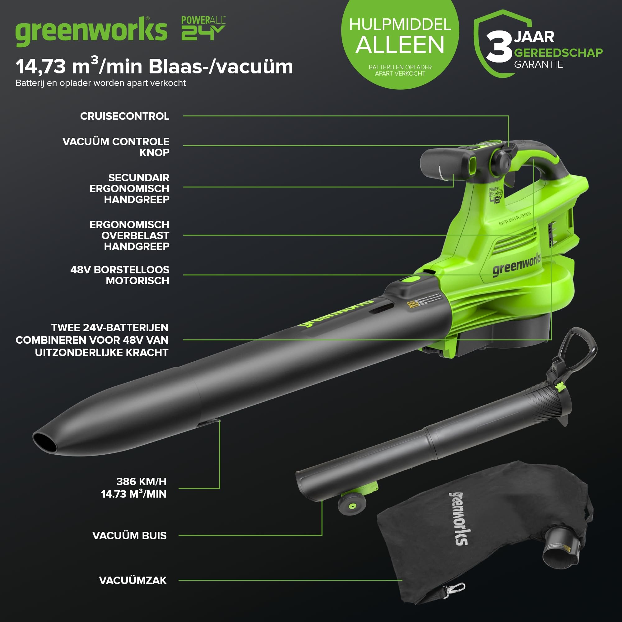 Greenworks Soplador de Hojas inalámbrico de 48 V (2 x 24 V) y aspiradora con Bolsa de mantillo de 45 L, 386 km/h, 14,73 m³/min, sin baterías ni Cargador, BL48L01-01
