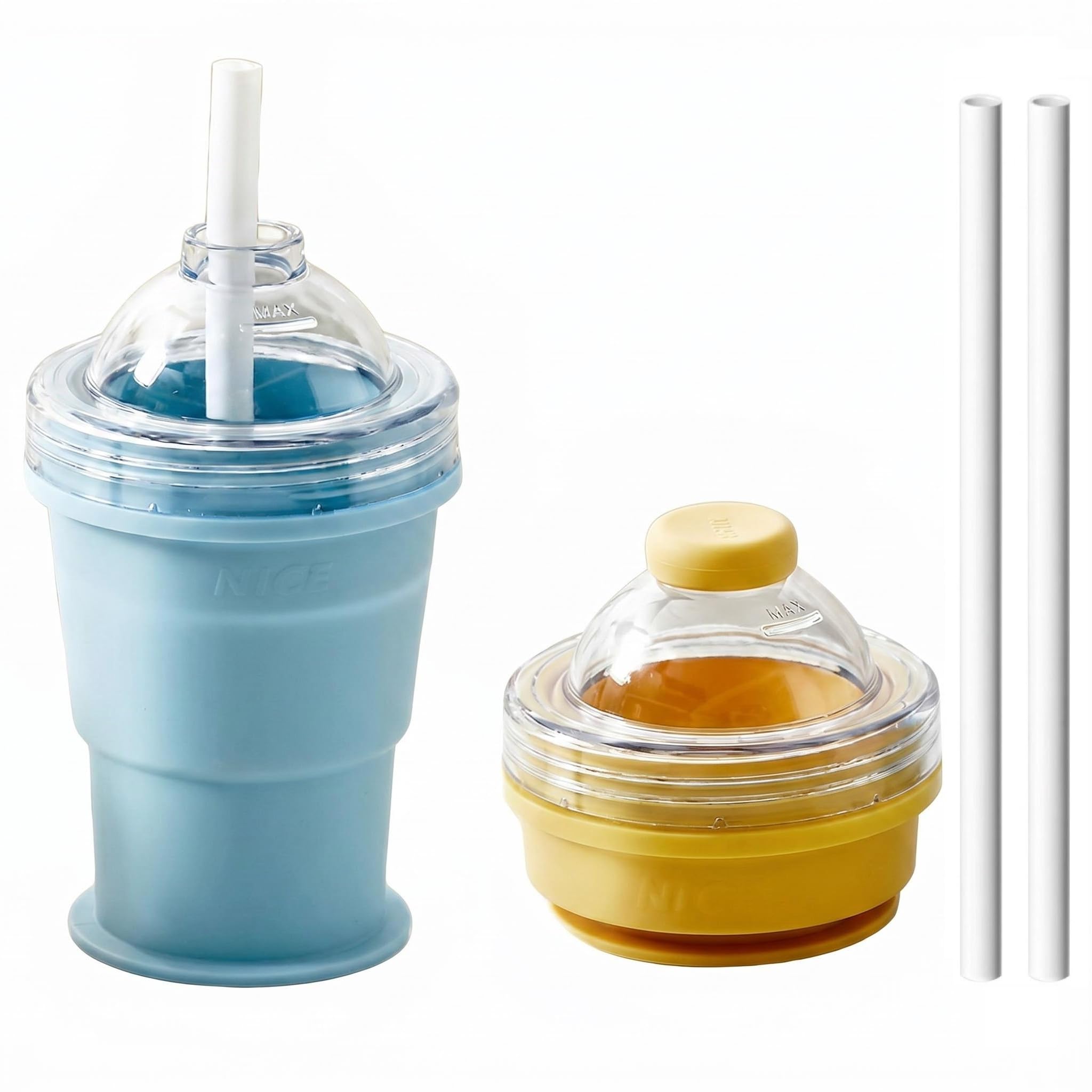 PORUPAEL 2-in-1 Collapsible Silicone Ice Ball Maker Cup - Foldable Ice Hockey Cup, Portable Reusable IceSphere Mold with Lid & Straw, Leakproof Travel Tumbler for Coffee, Juice, Home, Gym