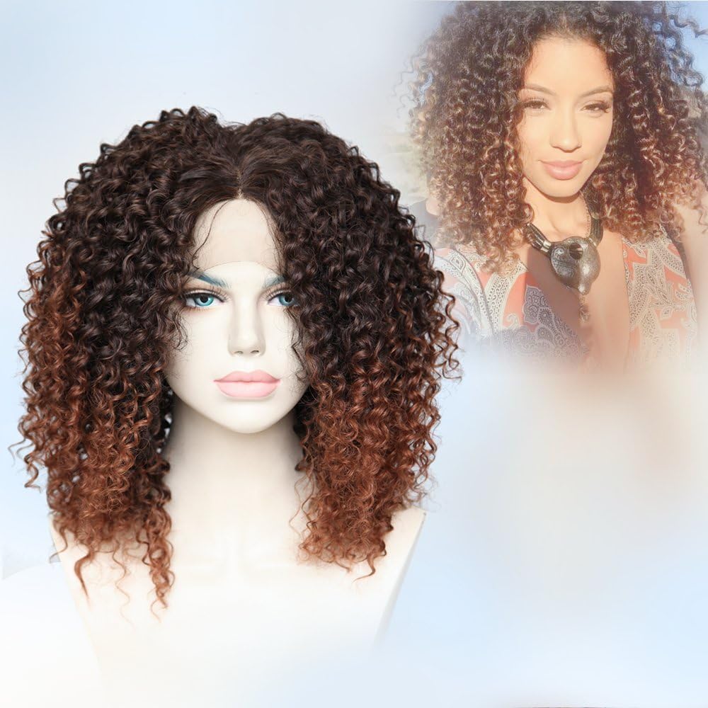 Cbwigs Heat Resistant Afro Kinky Curly Ombre Brown Synthetic Lace Front Wigs for Black Women 16 inch (3 inch Deep Parting Space, Ombre Brown)