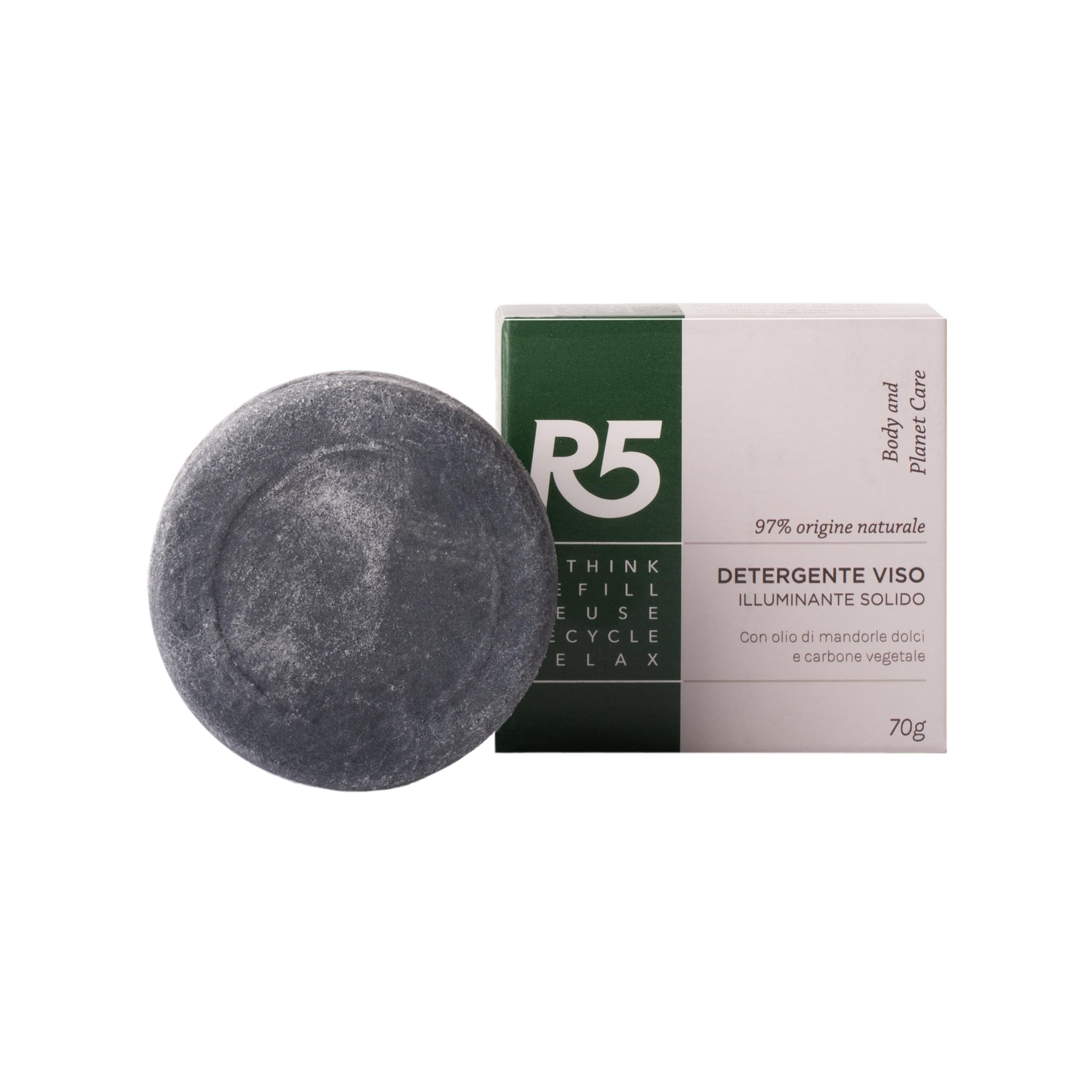 Limpiador facial iluminador sólido R5 Living 97% ingredientes de origen natural Aceite de almendras Carbón vegetal Sulfate-free níquel testado Dermatológicamente 100% PLASTIC FREE Made in Italy