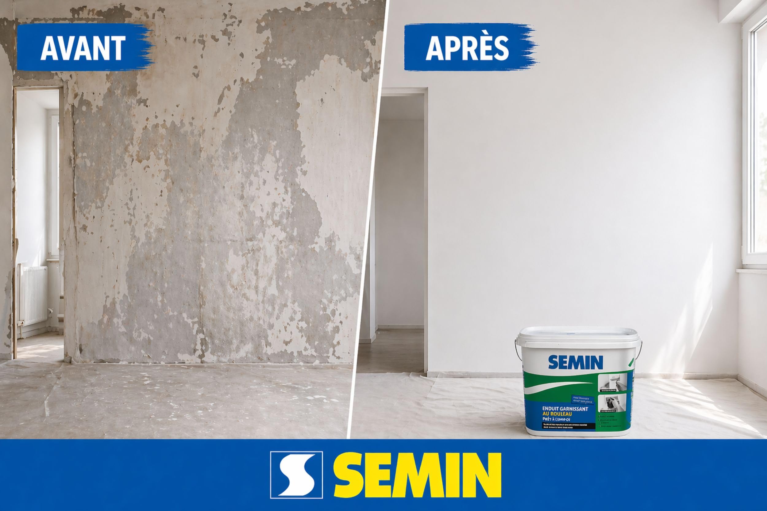 Semin A06288 Enduit Garnissant pour la Rénovation des Supports très Endommagés, Intérieur, Seau de 10 kg (Lot 2), A06723 Rouleau pour Enduire, 23 cm, A06318 Lame pour Lisser, 15 cm