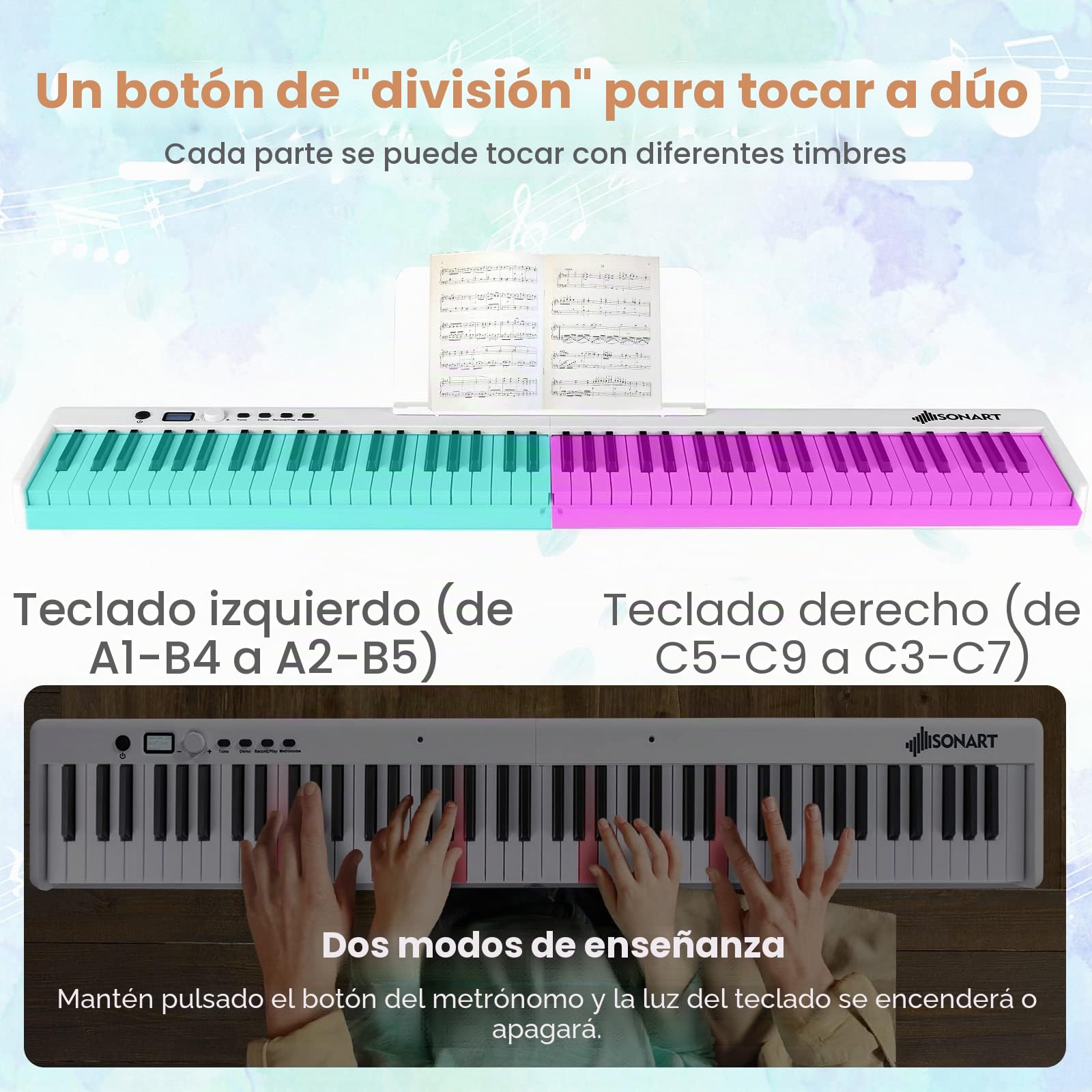 RELAX4LIFE Teclado Electrónico Plegable con 88 Teclas, Piano Digital con Bolsa y Lectura, Pantalla LCD y Teclas Iluminadas LED, Piano Digital con 2 Modos de Enseñanza (Blanco)