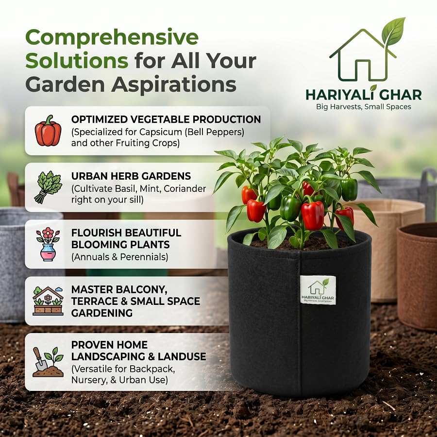 Image of 400 GSM Geo Fabric Round Grow Bags 6x6 Inch, Black Planting Bags for Terrace and Kitchen Gardening Pack of 20