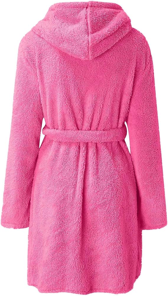 SHOPESSA Fuzzy Robes for Women Belted Soft Fleece Hooded Plush Loungewear Mid Length Terry Cloth Spa Bathrobes