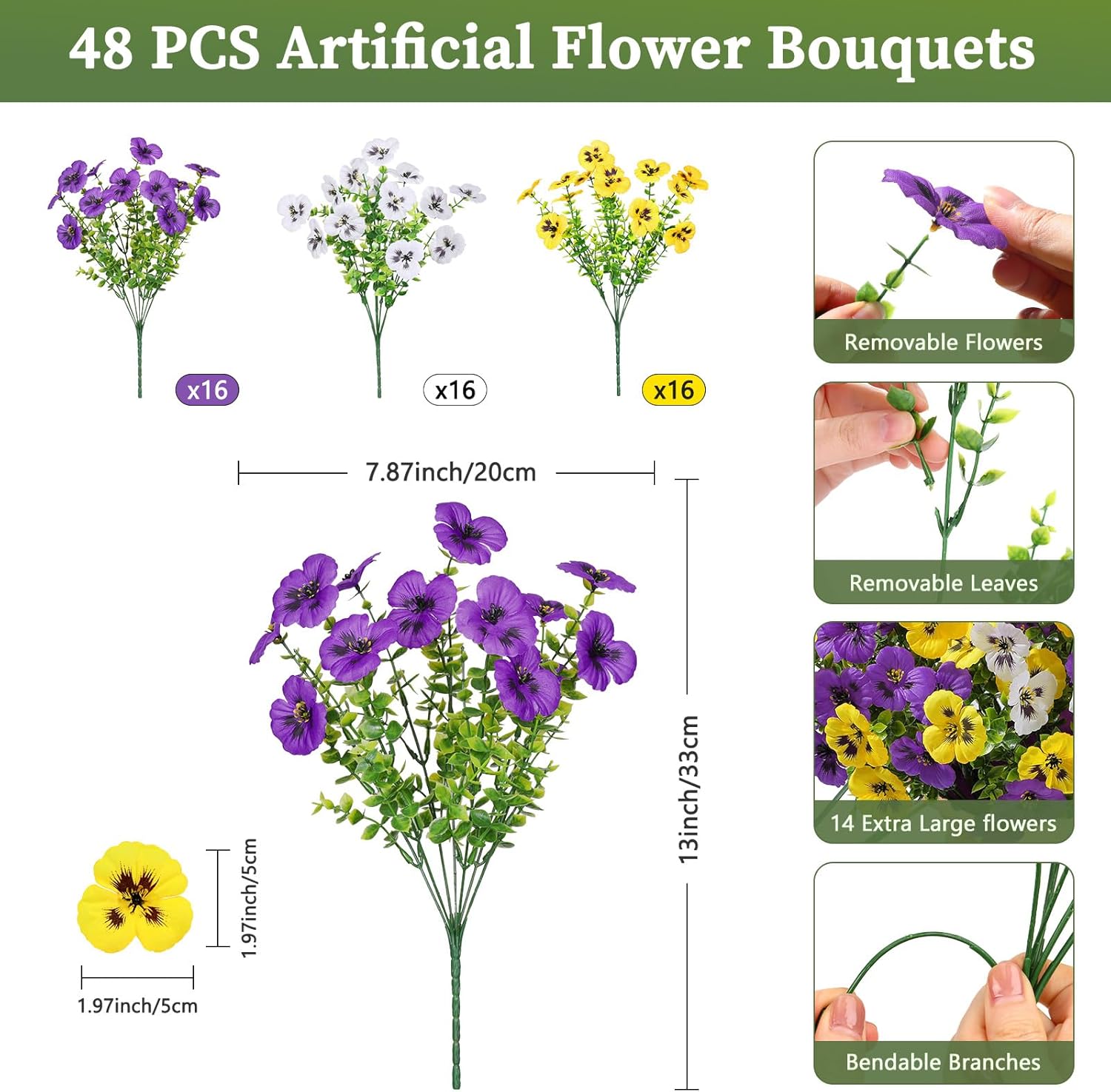 Alupssuc 48 Bundles Artificial Flowers for Outdoors, Fake Spring Flowers for Decoration, UV Resistant Realistic Pansies with Eucalyptus Silk Faux Flowers for Porch Patio Yard, Purple Yellow White