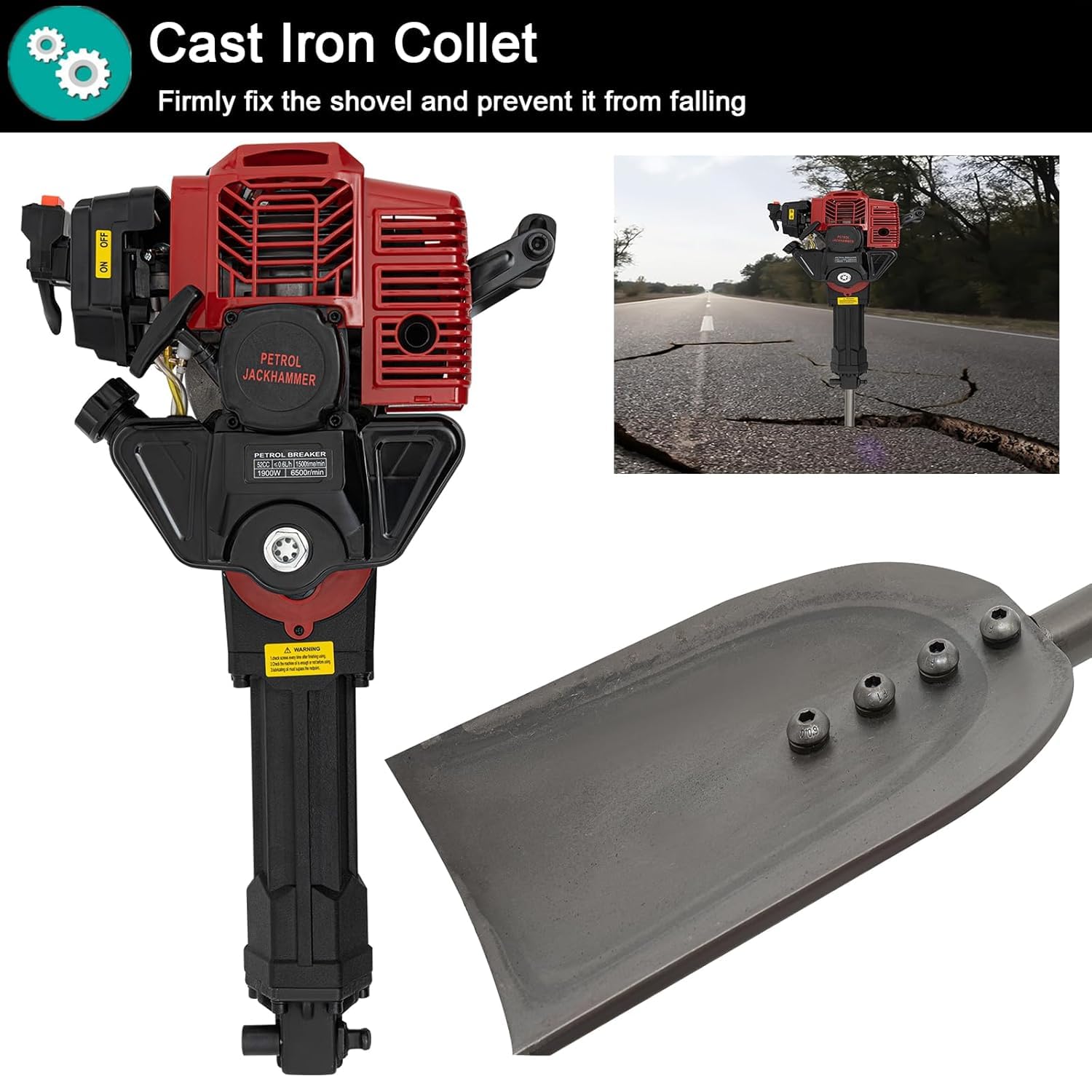 Benzin Gartenbaumgräber 52cc 2 Stroke - Benzin Erdlochbohrer 1500 mal/min Baumpflanzschaufel 1,3L Tank Pfostenlochgräber 1900W Grabmaschine Handbagger Post Hole Digger Hand-Grabenfräse Handhel