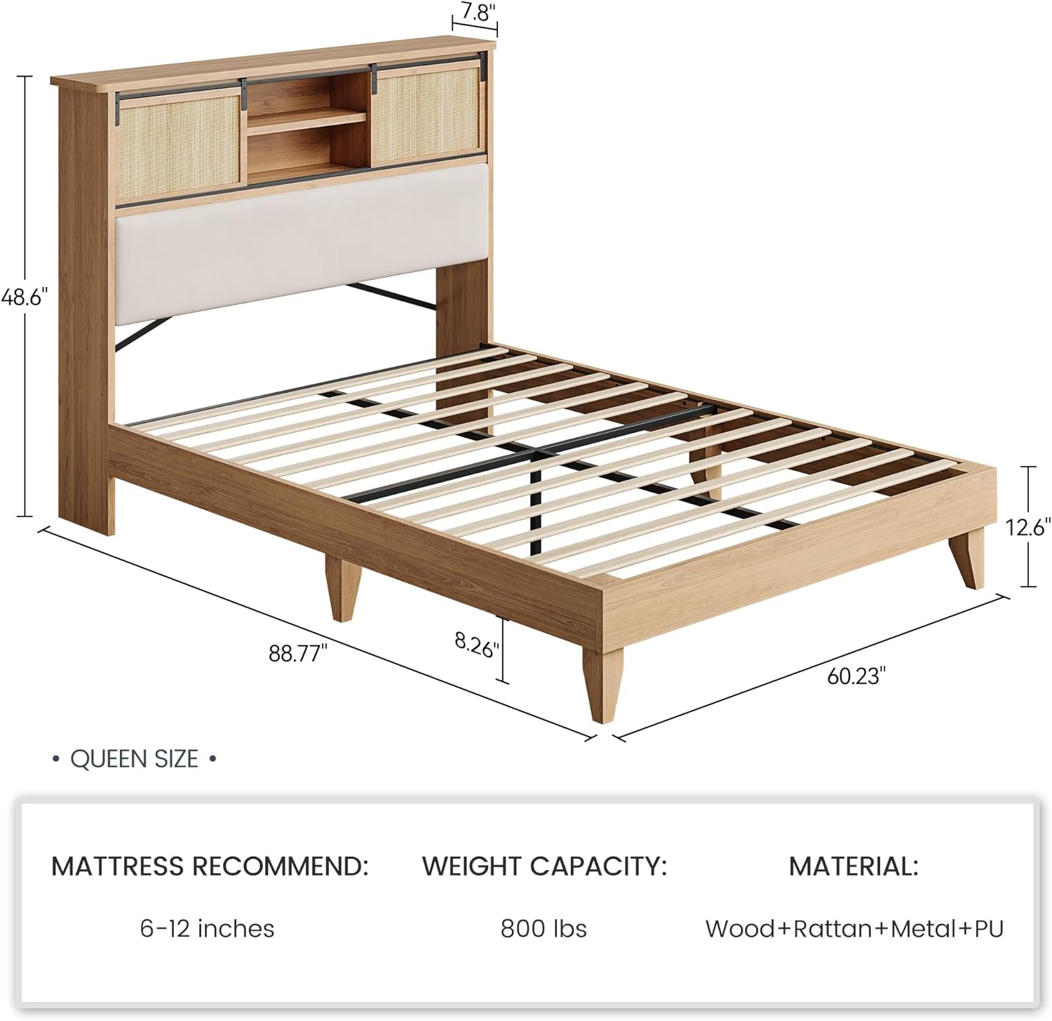 Rattan Queen Bed Frame with Headboard, Charging Station & Storage Shelves, Boho King Bed Frame with Shelf Headboard Sliding Door (Queen（Rattan）)